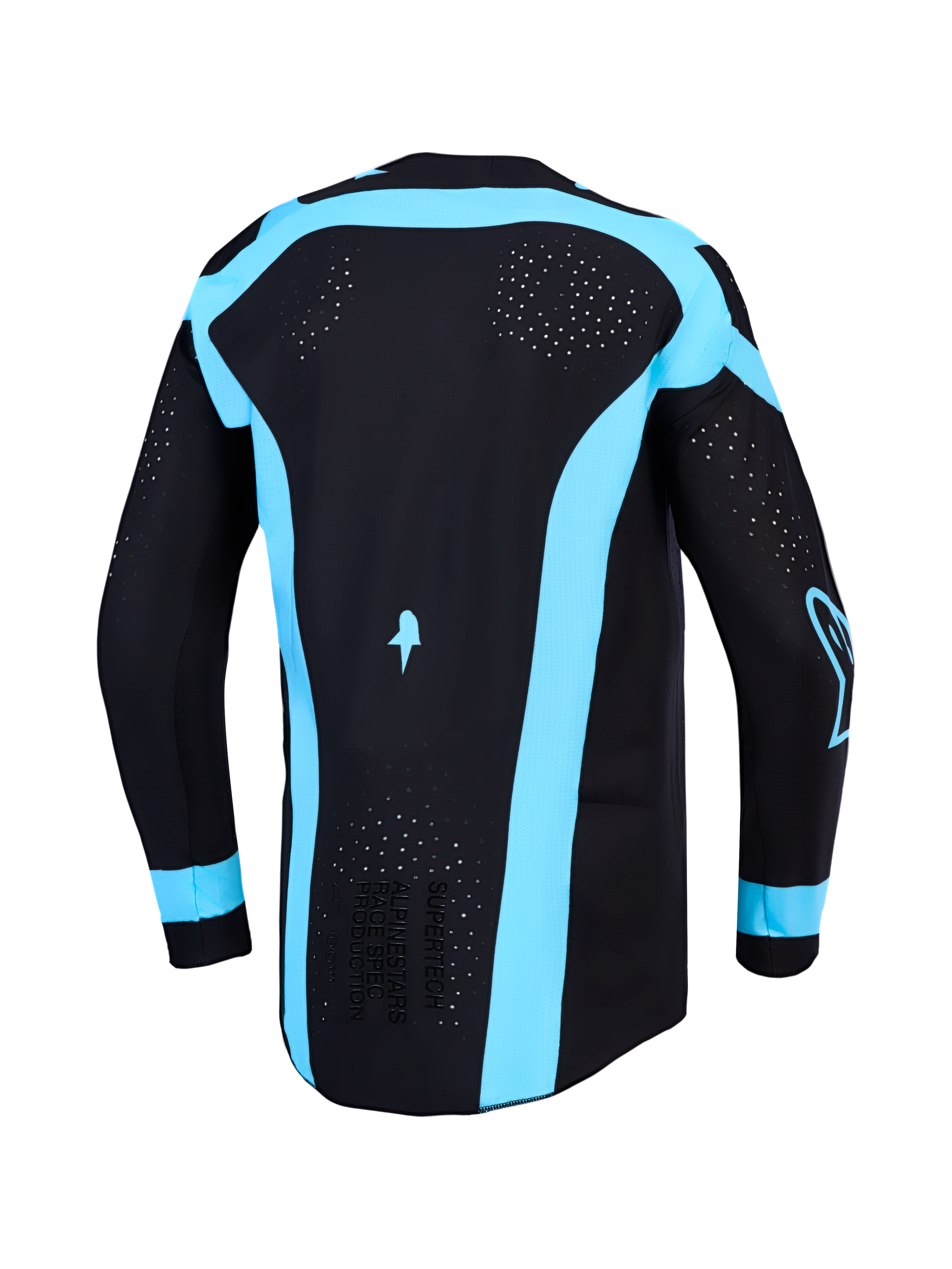 Alpinestars Supertech Vesta Trikot, Herren-Motocross-Trikot, Schwarz und Türkis, lasergeschnittene Rückenbelüftung.