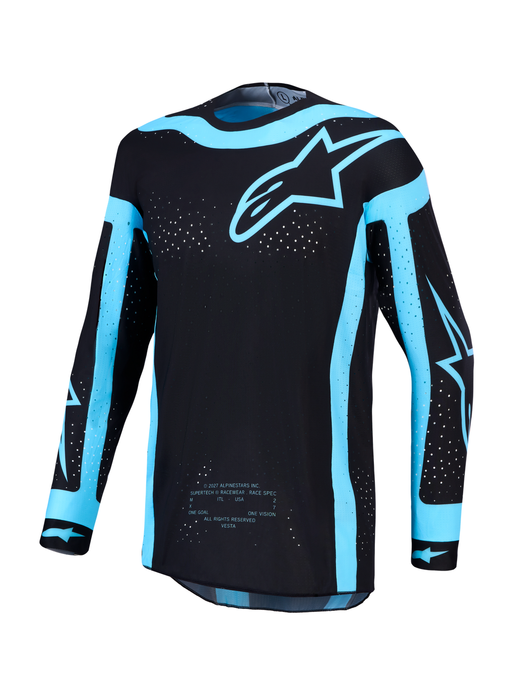 Alpinestars Supertech Vesta Trikot und Gear Set, Herren-Motocross-Trikot, Schwarz und Türkis, lasergeschnittene Belüftung, leichtes Stretch-Mesh, athletische Passform für den MX-Einsatz.