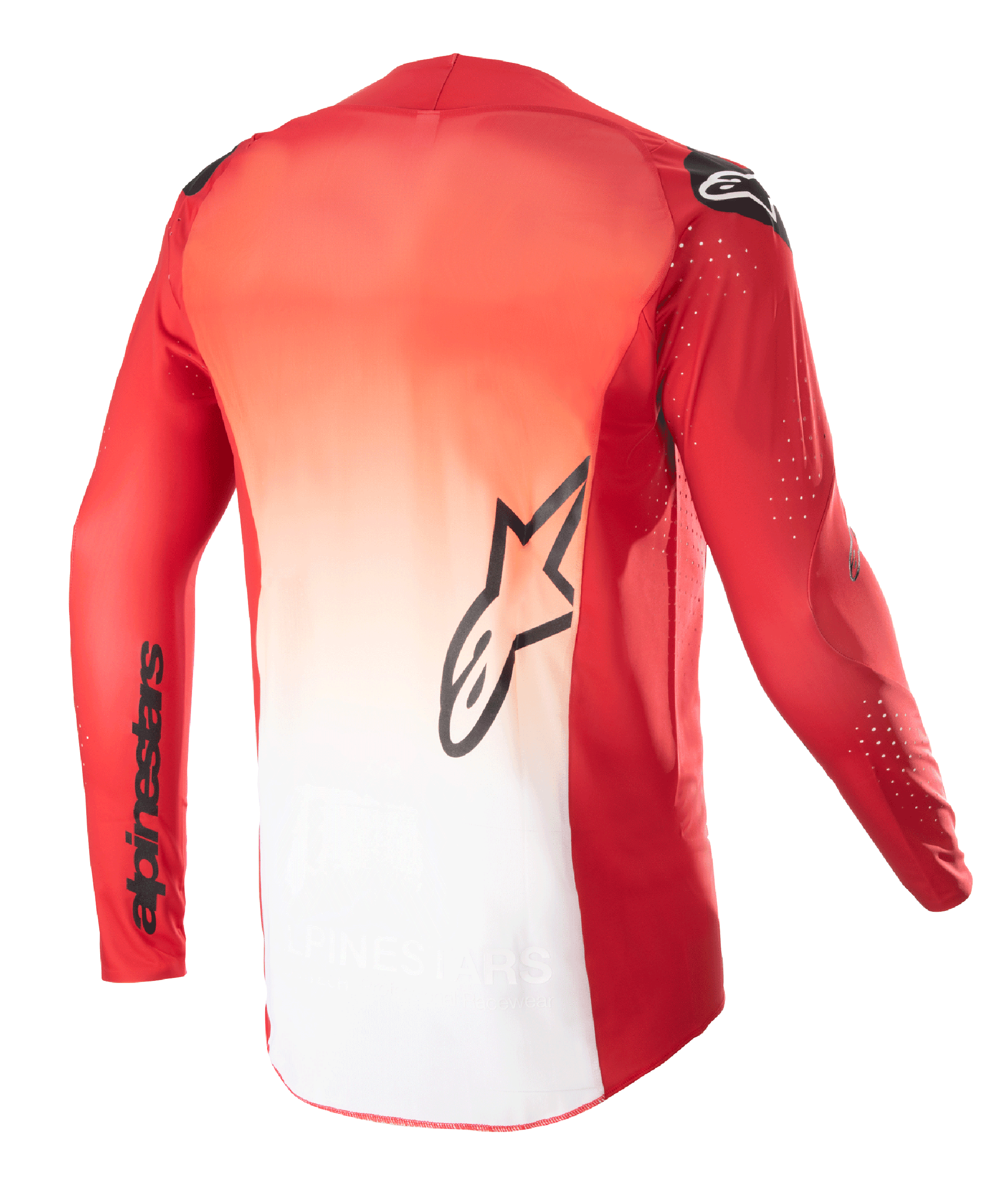 Alpinestars 2023 Supertech Risen Jersey, Rückansicht, Mars Rot und Weißes Farbverlauf-Design, mit schwarzem Alpinestars Stern-Logo mittig auf dem Rücken und Markenname auf dem Ärmel, langärmeliges Motocross-Jersey mit lasergeschnittenen Perforationen zur Belüftung.