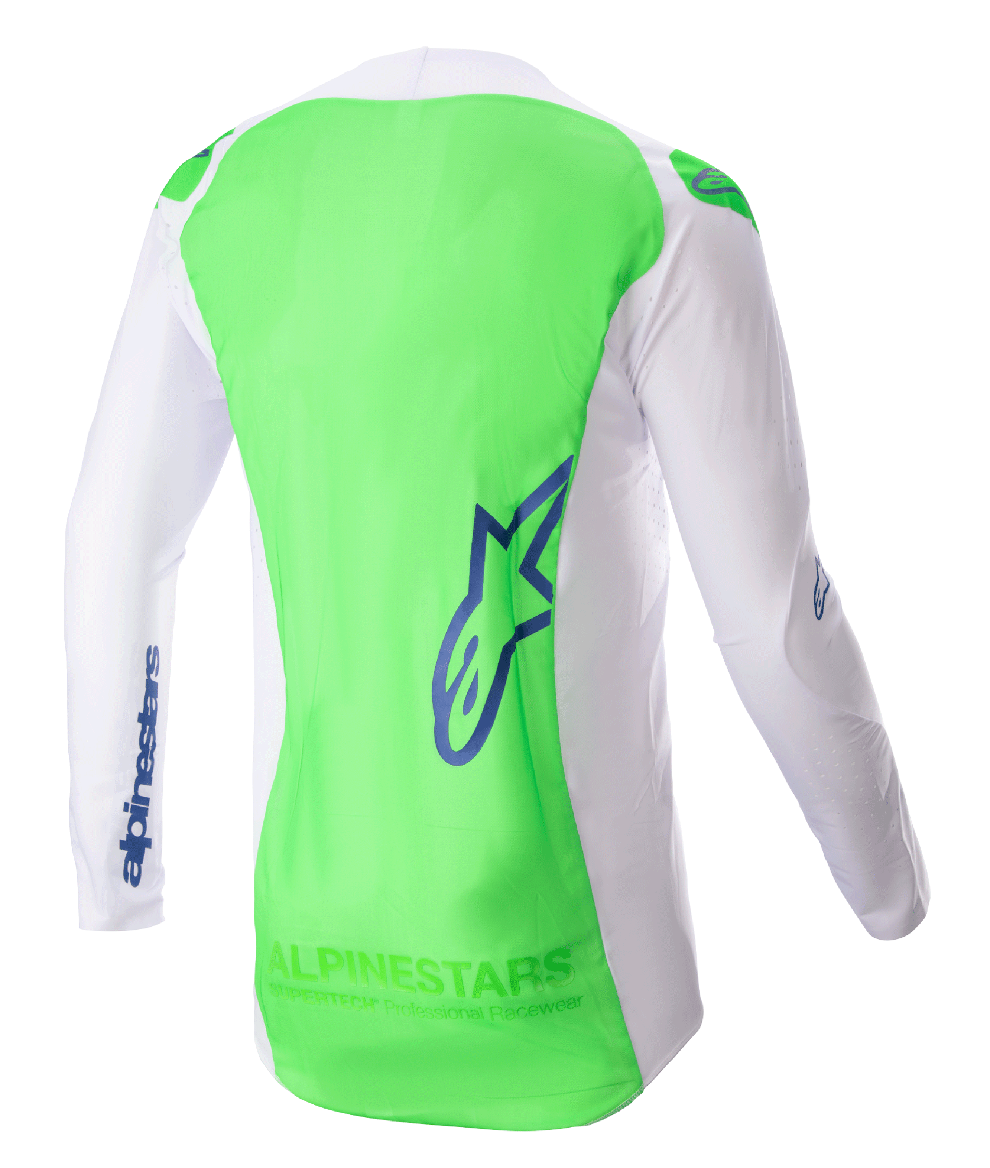 Alpinestars 2023 Supertech Risen Jersey, Motocross Jersey, White and Green Fluo with Blue Ray accents, back view highlighting breathable stretch mesh and extended rear panel for coverage, lightweight performance gear for off-road racing