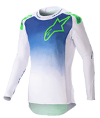 Alpinestars 2023 Supertech Risen Jersey, Motocross Jersey, Blue Ray and White with Green Fluo logo, gradient torso design, perforated long sleeves, athletic race fit, off-road racing gear