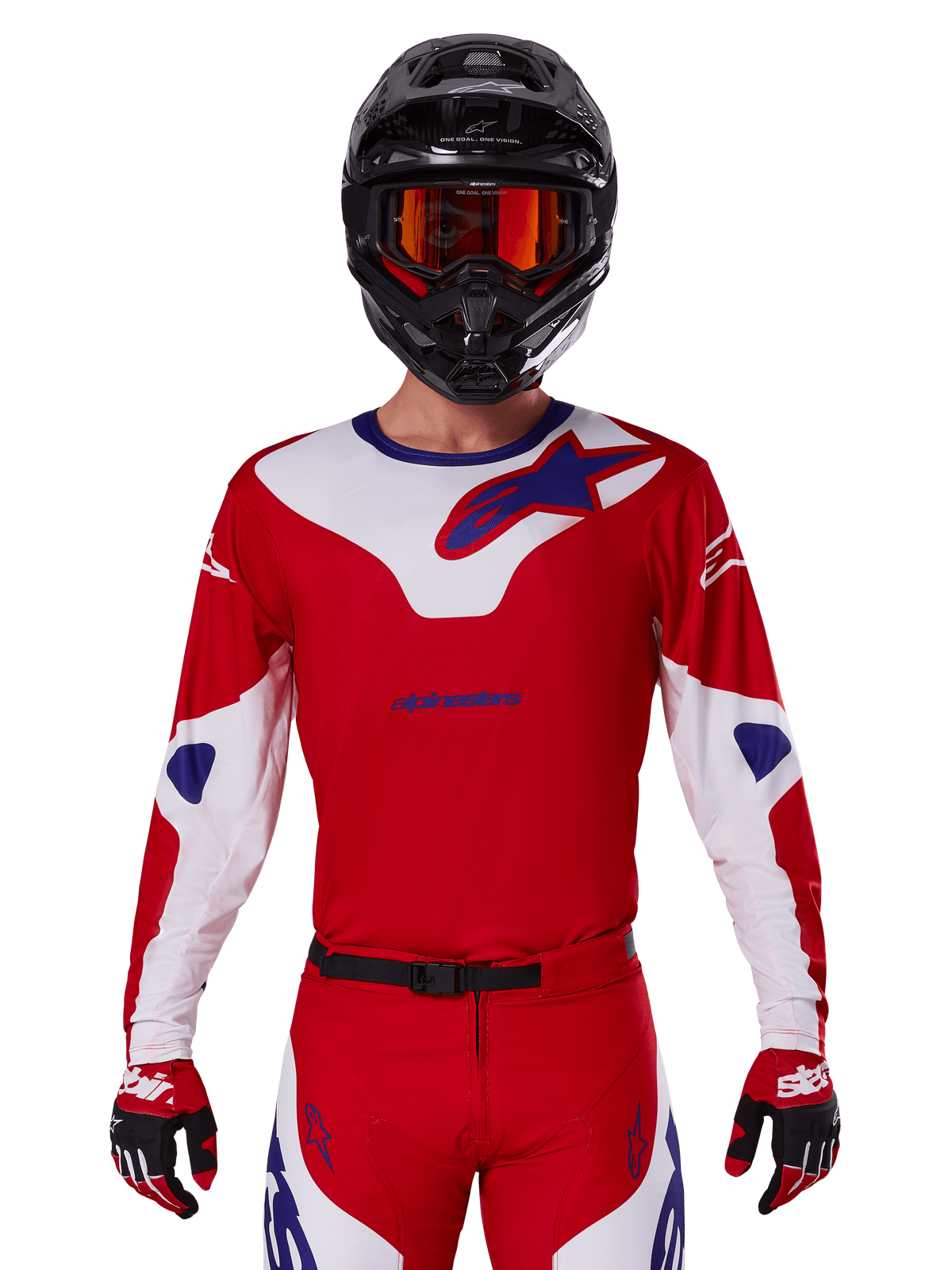 Alpinestars 2025 Racer Veil Jersey, Motocross Racing Jersey, Red White and Blue, Long Sleeve, worn with black helmet and orange goggles, matching red gloves and pants, sleek performance design for off-road riding