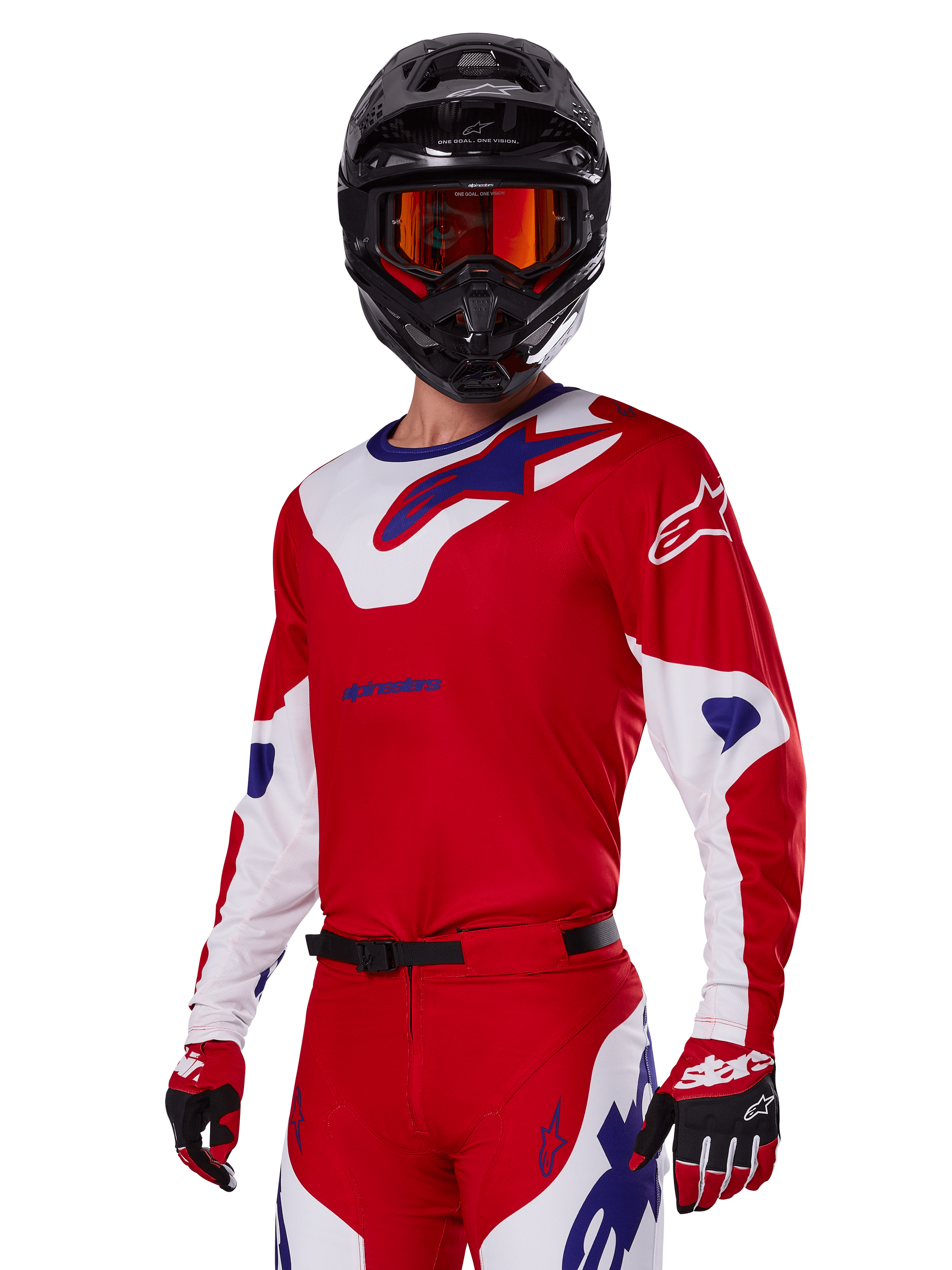 Alpinestars 2025 Racer Veil Gear Set, Motocross-Fahrer in rot-weiß-blauem Renntrikot und Hose, schwarzer Helm mit orange verspiegelter Brille, rot-weiße Handschuhe, Performance-Offroad-Ausrüstung mit markantem Branding