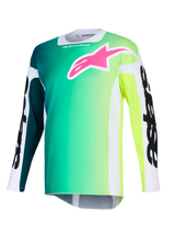 Alpinestars 2026 Racer Portl Jersey, Motocross Jersey, Green and Yellow Gradient, vibrant pink logo on the chest, white sleeves with bold black Alpinestars text, lightweight performance fabric for off-road riding