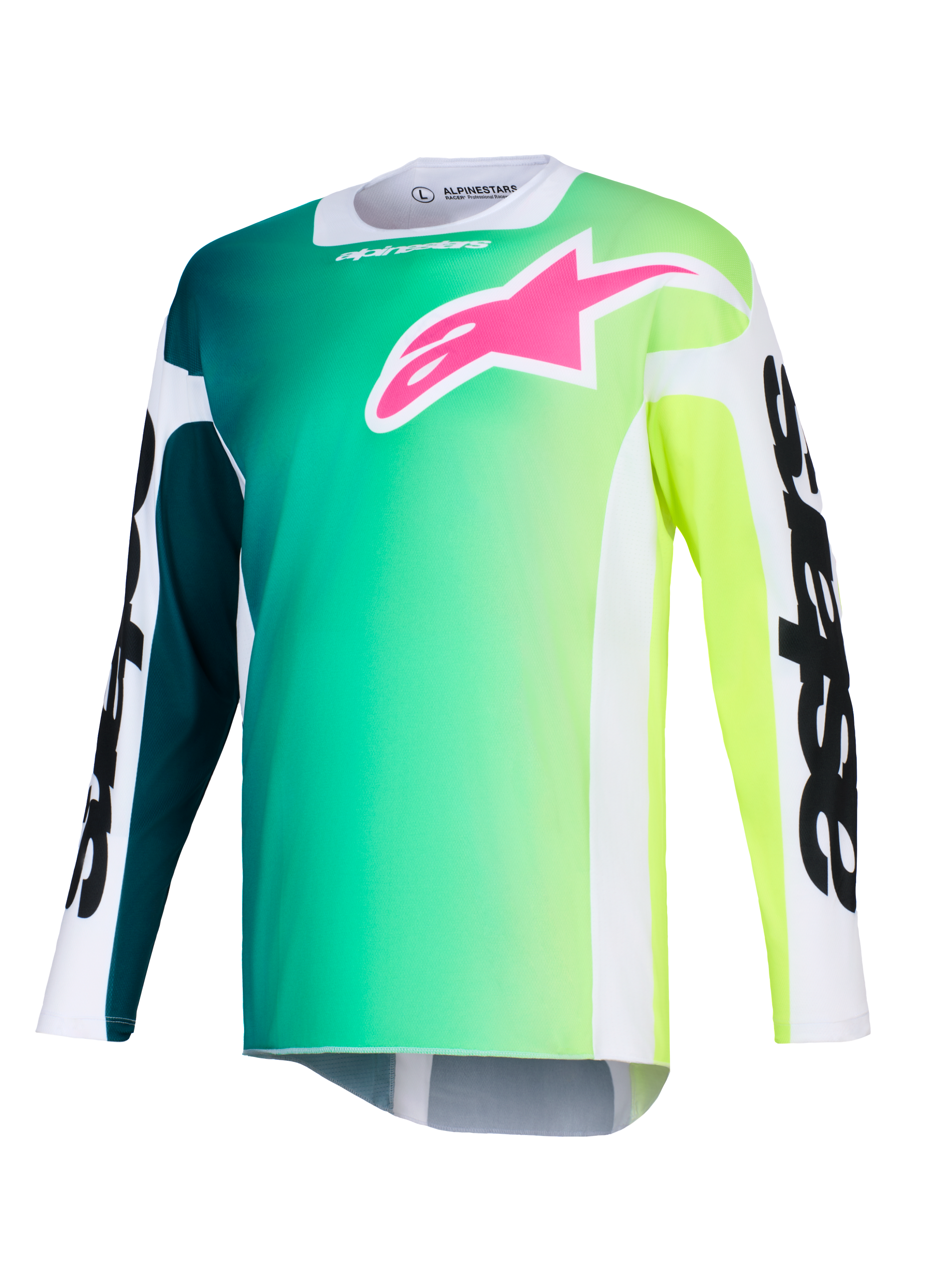 Alpinestars 2026 Racer Portl Jersey, Motocross Jersey, Green and Yellow Gradient, vibrant pink logo on the chest, white sleeves with bold black Alpinestars text, lightweight performance fabric for off-road riding