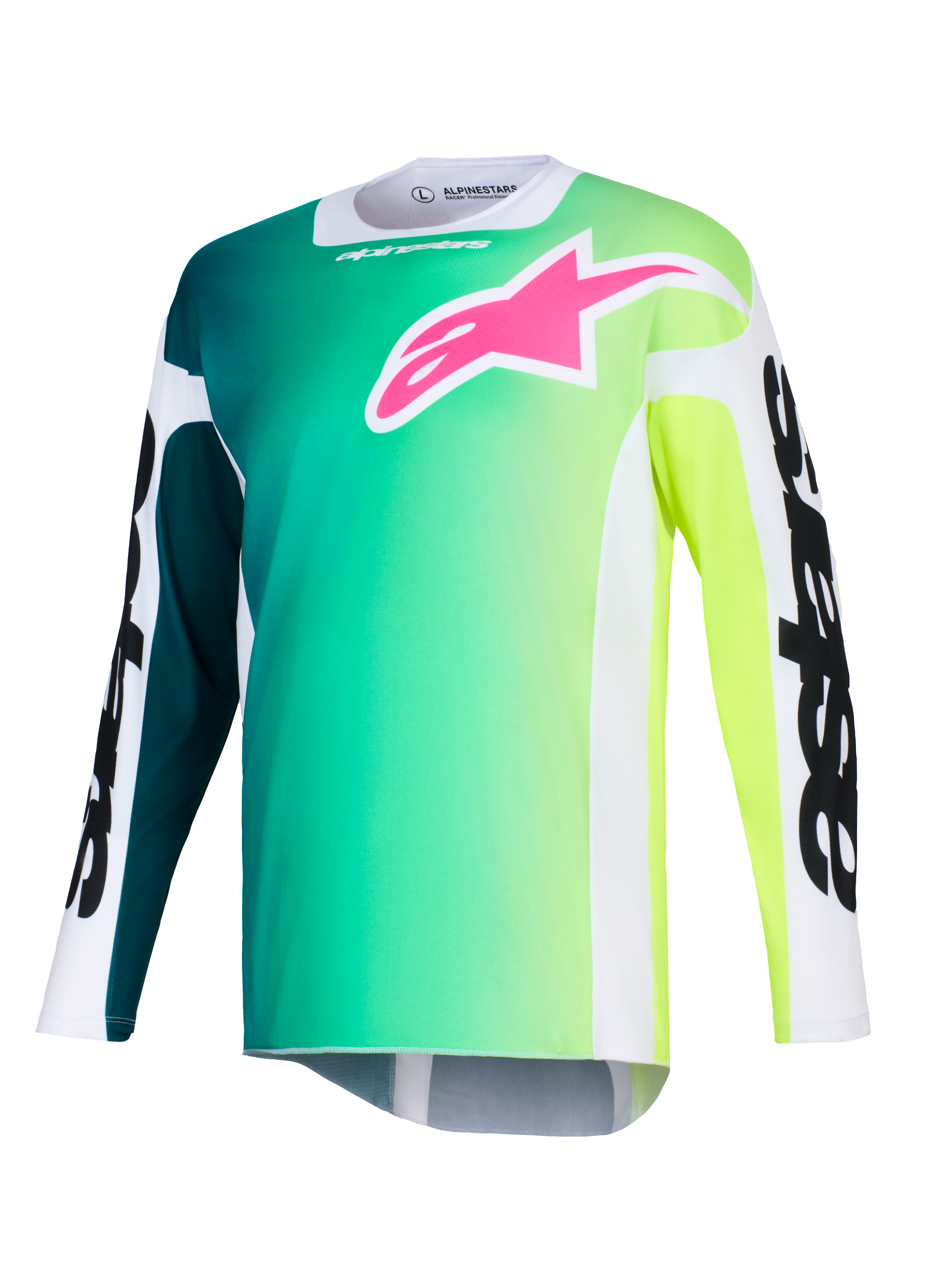 Alpinestars 2026 Racer Portl Jersey, Motocross Jersey, Green and Yellow Gradient, vibrant pink logo on the chest, white sleeves with bold black Alpinestars text, lightweight performance fabric for off-road riding