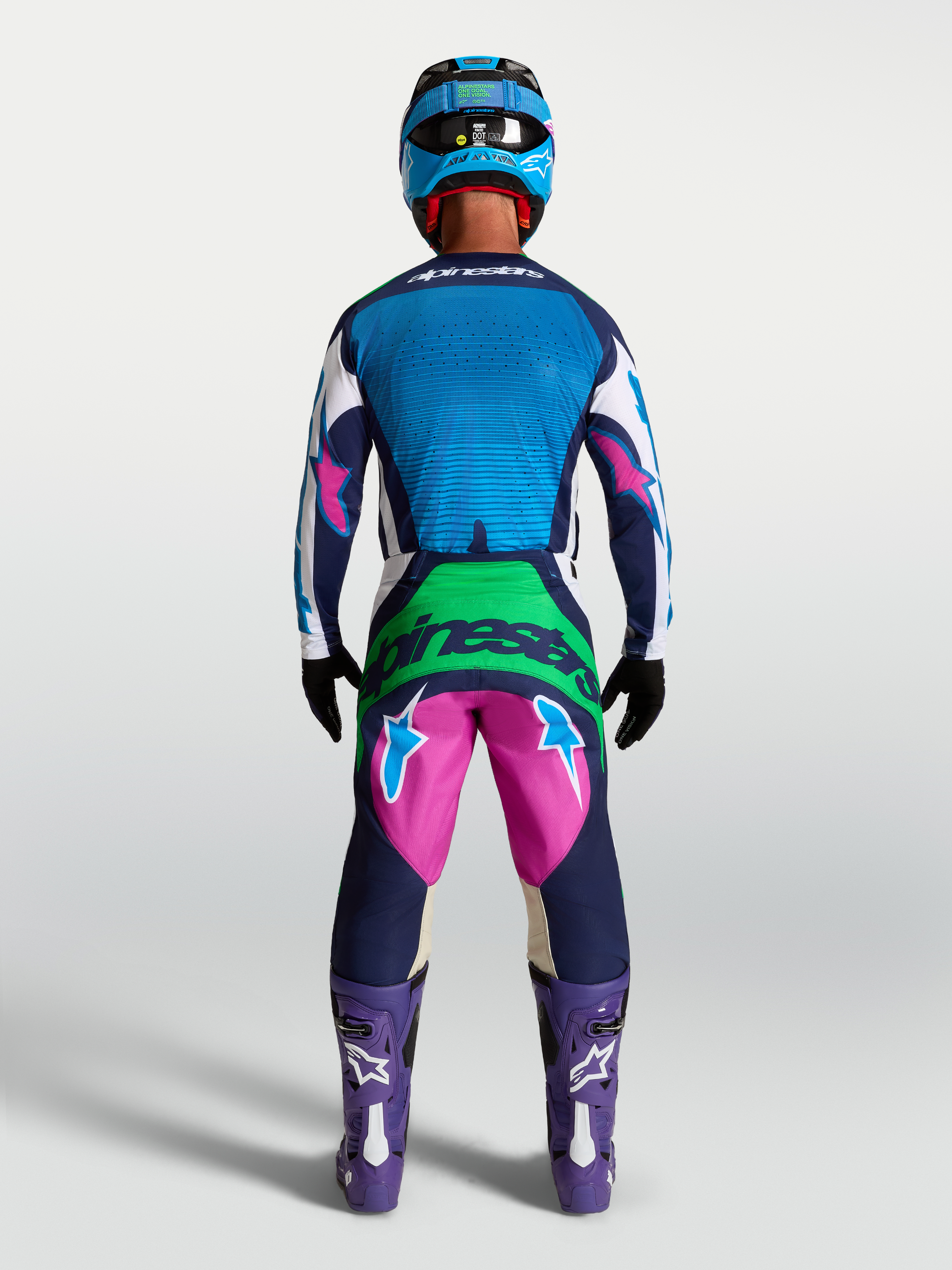 Alpinestars Techstar Maven Trikot für Herren, Motocross-Ausrüstung in Blau und Marineblau, Rückansicht mit lasergeschnittener Belüftung.