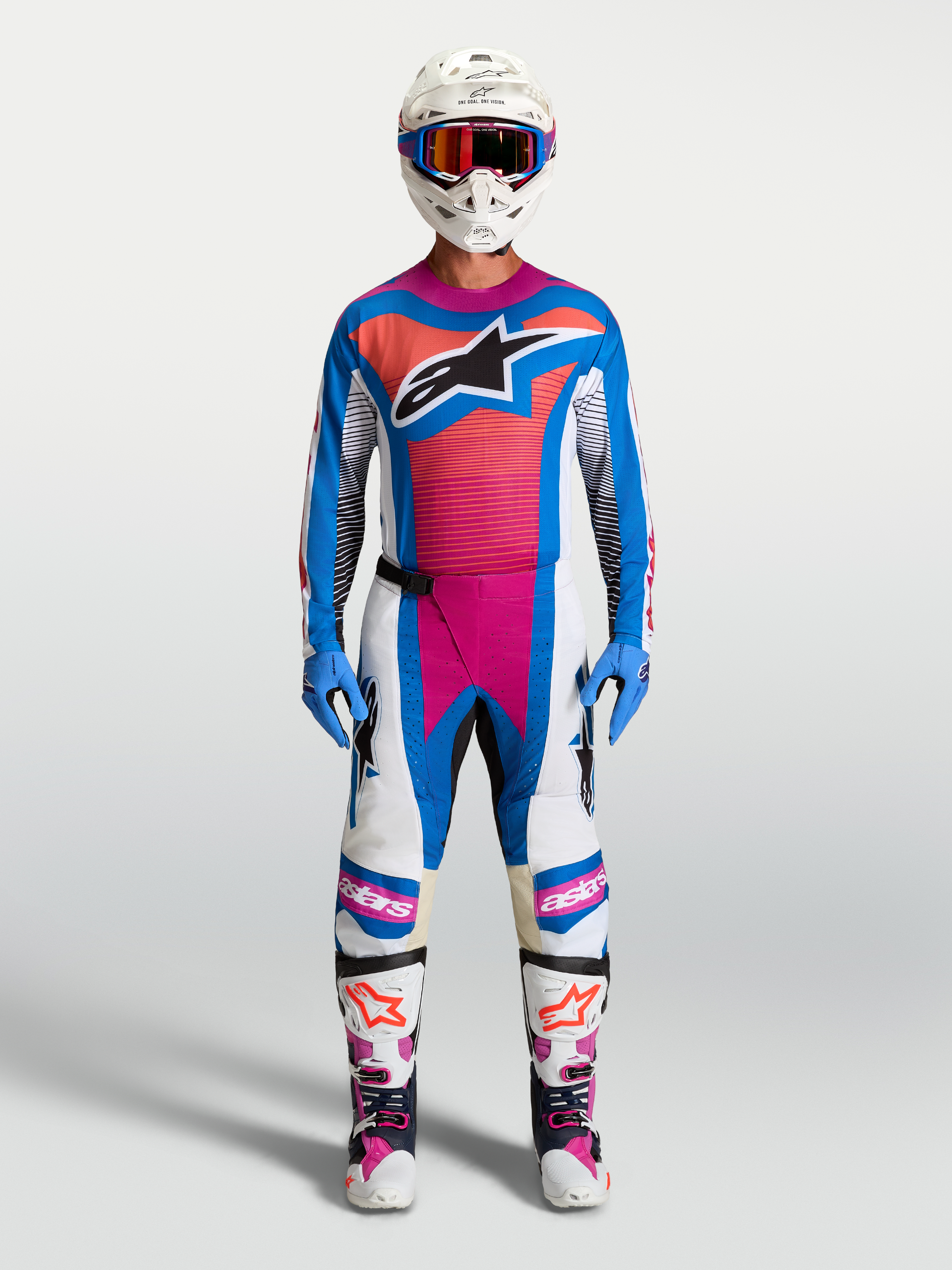 Alpinestars Techstar Maven Trikot AND Gear Set, Motocross-Outfit in Blau und Pink mit ergonomischer Rennpassform.