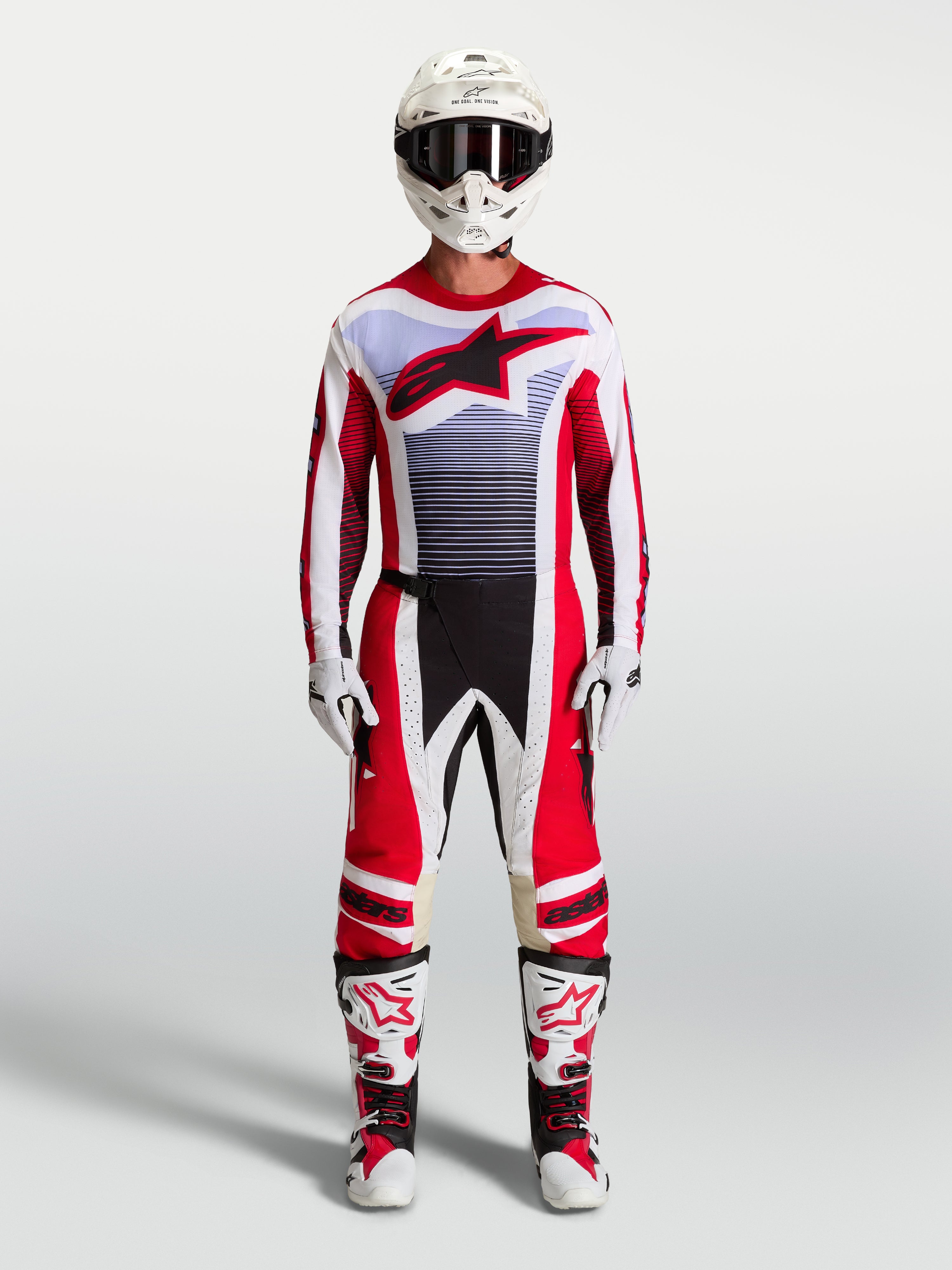 Alpinestars Techstar Maven Trikot und Gear-Set, Herren-Motocross-Ausrüstung in Rot und Weiß mit athletischer Rennpassform.