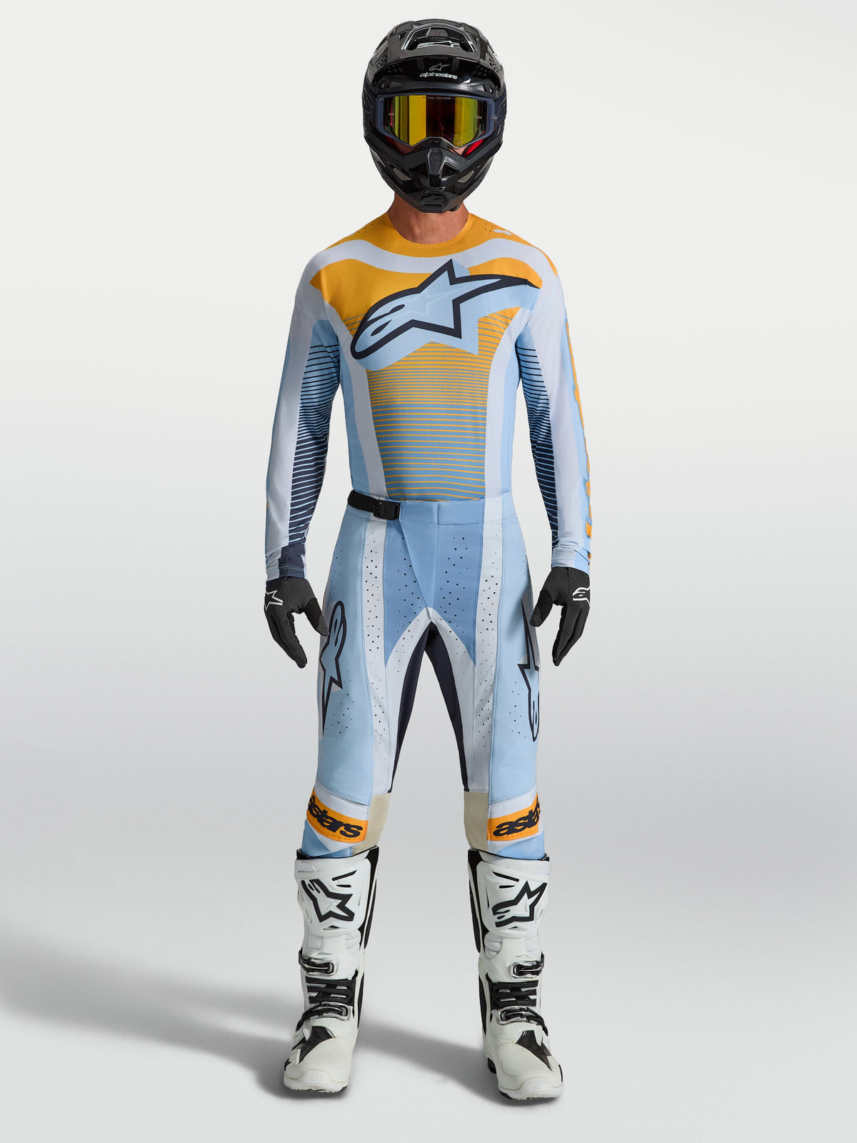 Alpinestars Techstar Maven Trikot und Gear Set, Herren-Motocross-Ausrüstung, Staubblau und Orange, athletische Passform.