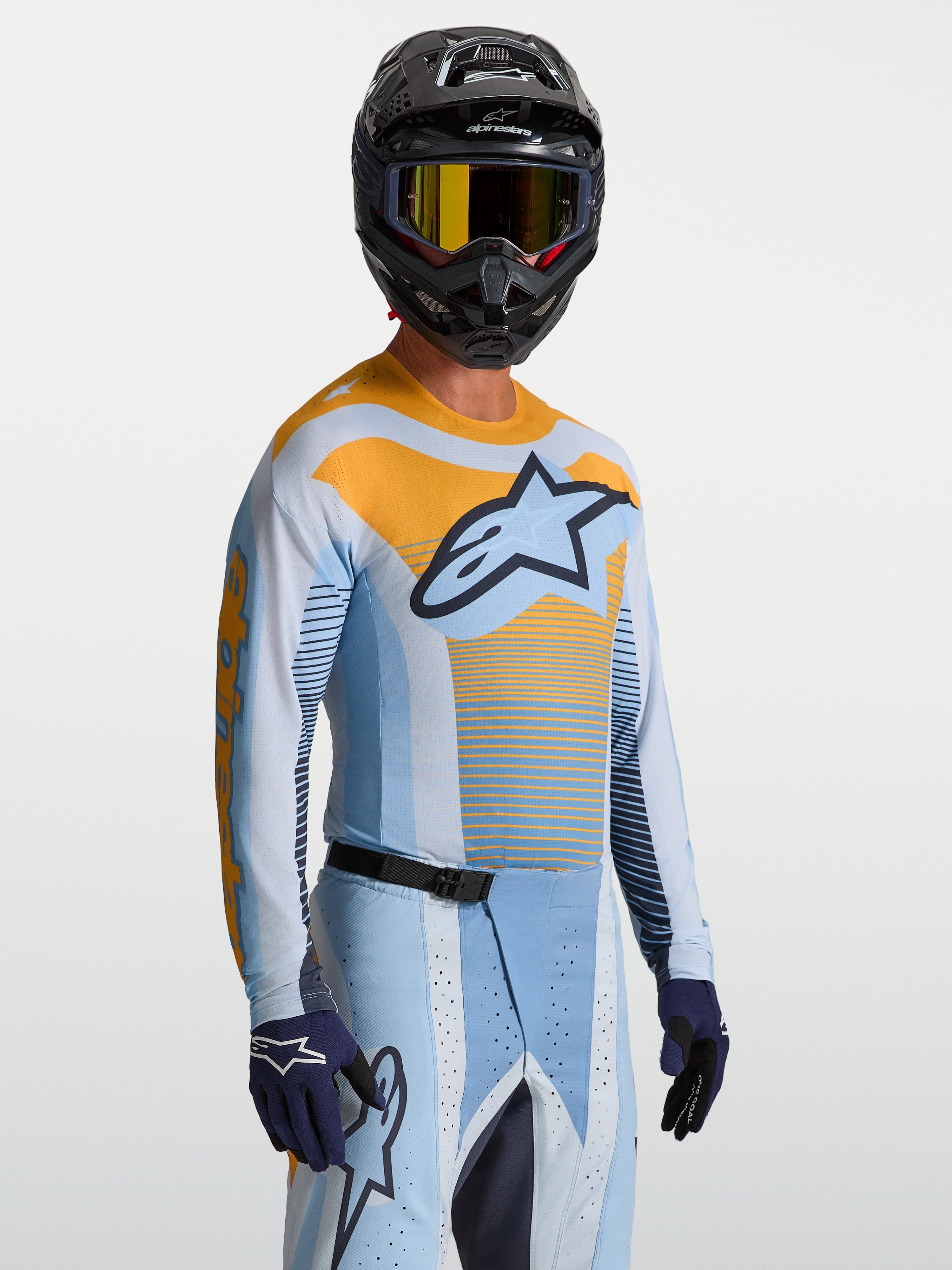 Alpinestars Techstar Maven Trikot, Motocross-Ausrüstung für Herren, Blau und Orange, athletische Race-Passform.