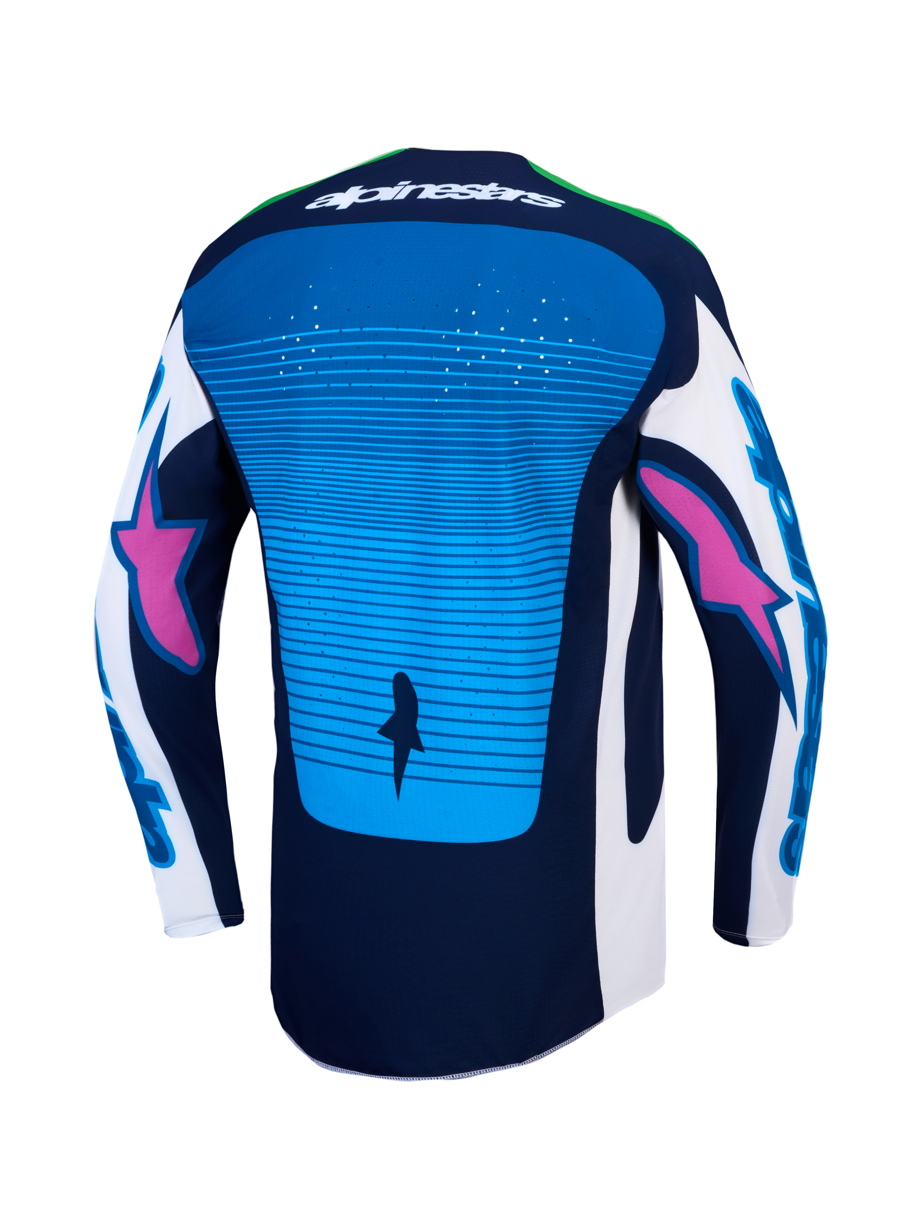 Alpinestars Techstar Maven Trikot, Motocross-Trikot, Blau und Marineblau, lasergeschnittene Belüftung, Rückansicht.