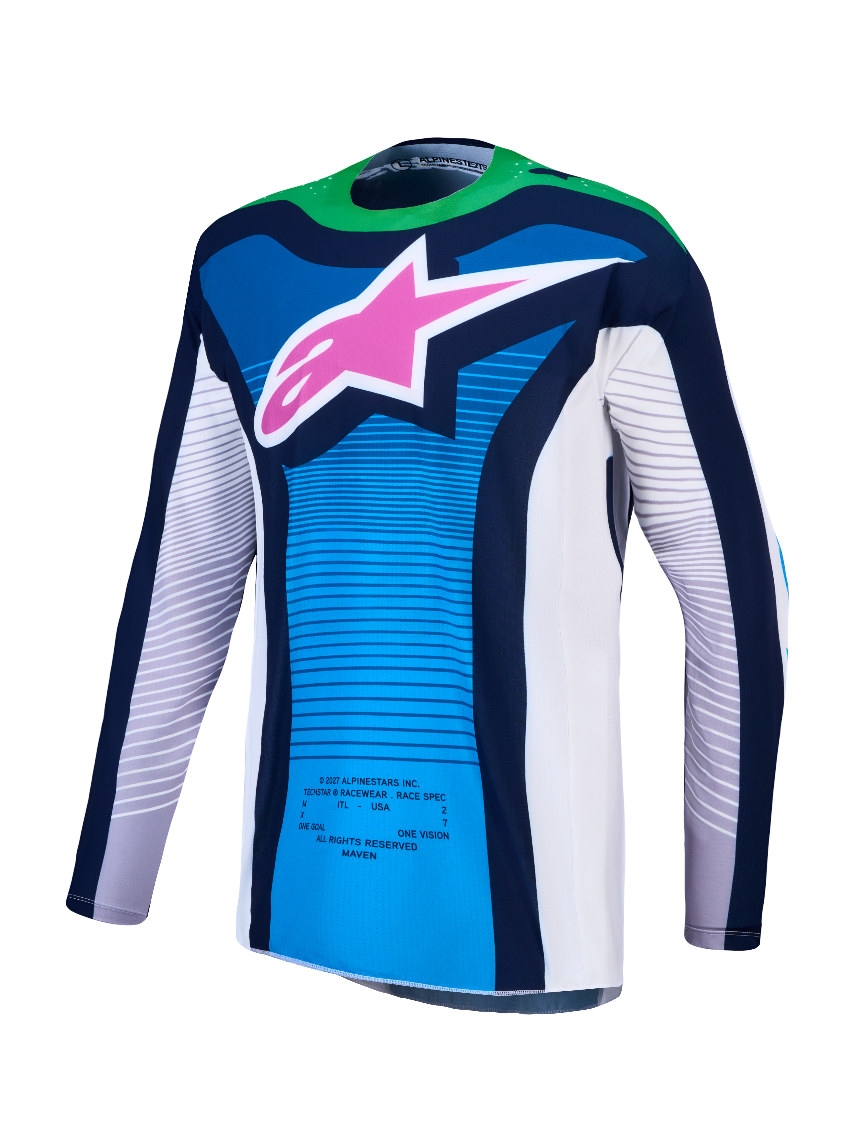 Alpinestars Techstar Maven Trikot und 2027 Techstar Maven Gear Set, Motocross-Trikot für Herren, Blau und Fluo-Grün mit pinkem Stern-Logo, athletische Rennpassform, feuchtigkeitsableitendes Gewebe.