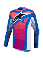 Alpinestars Techstar Maven Trikot, Motocross-Oberteil in Blau und Pink, athletische Passform mit Stern-Logo für Offroad-Rennsport.