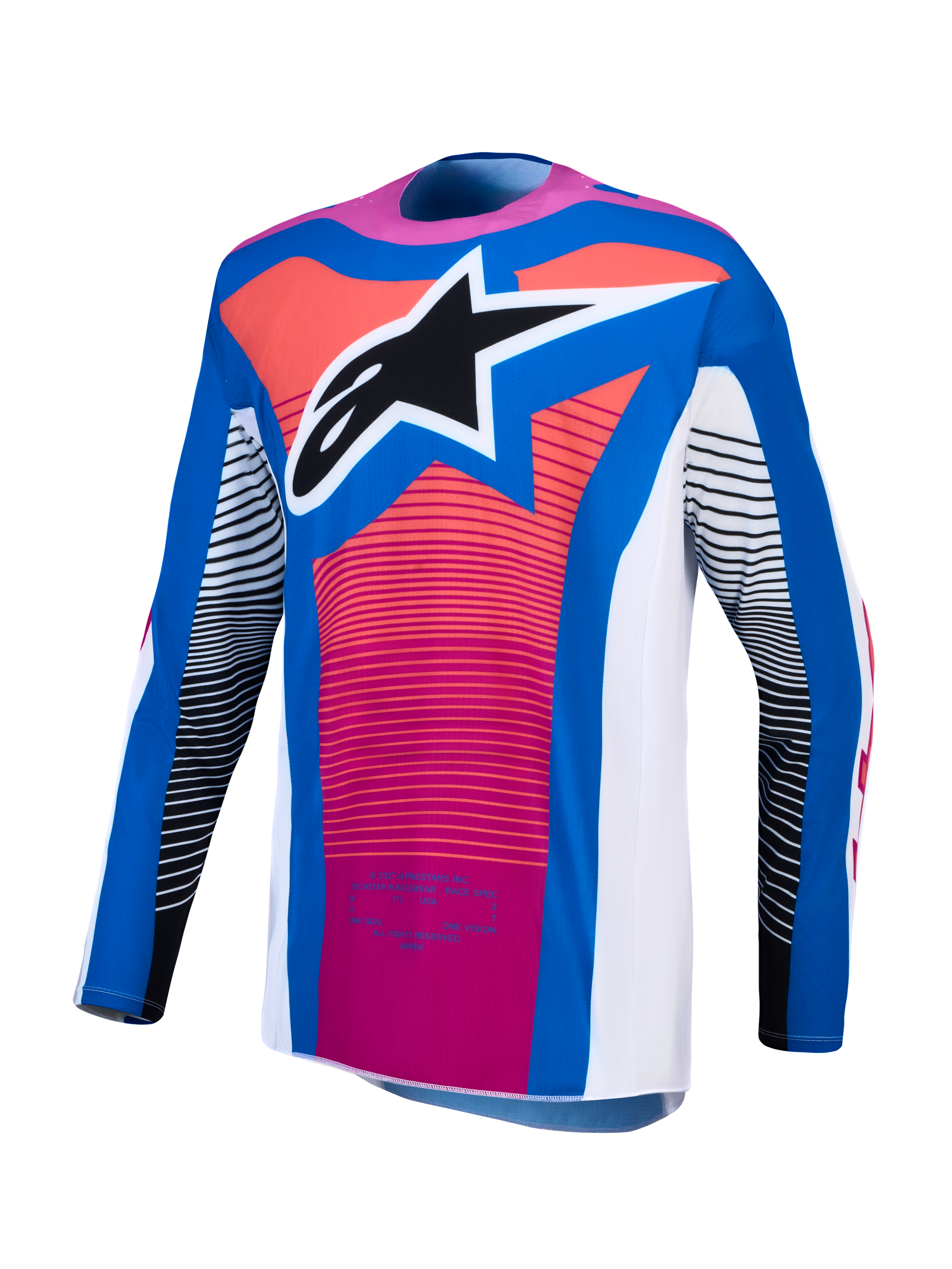 Alpinestars Techstar Maven Trikot, Motocross-Oberteil in Blau und Pink, athletische Passform mit Stern-Logo für Offroad-Rennsport.