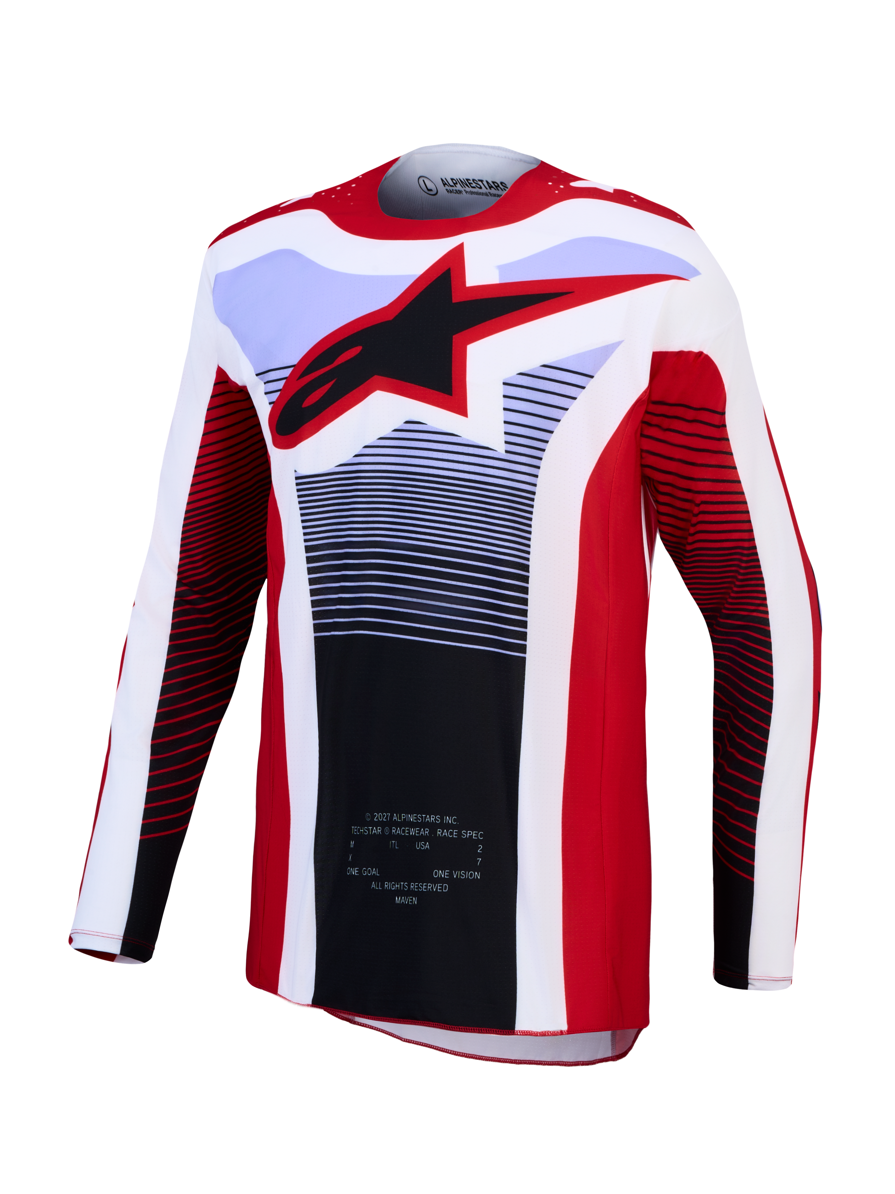 Alpinestars Techstar Maven Trikot, Motocross-Renntrikot, Rot und Weiß, schwarzes Stern-Logo, atmungsaktives Stretchmaterial