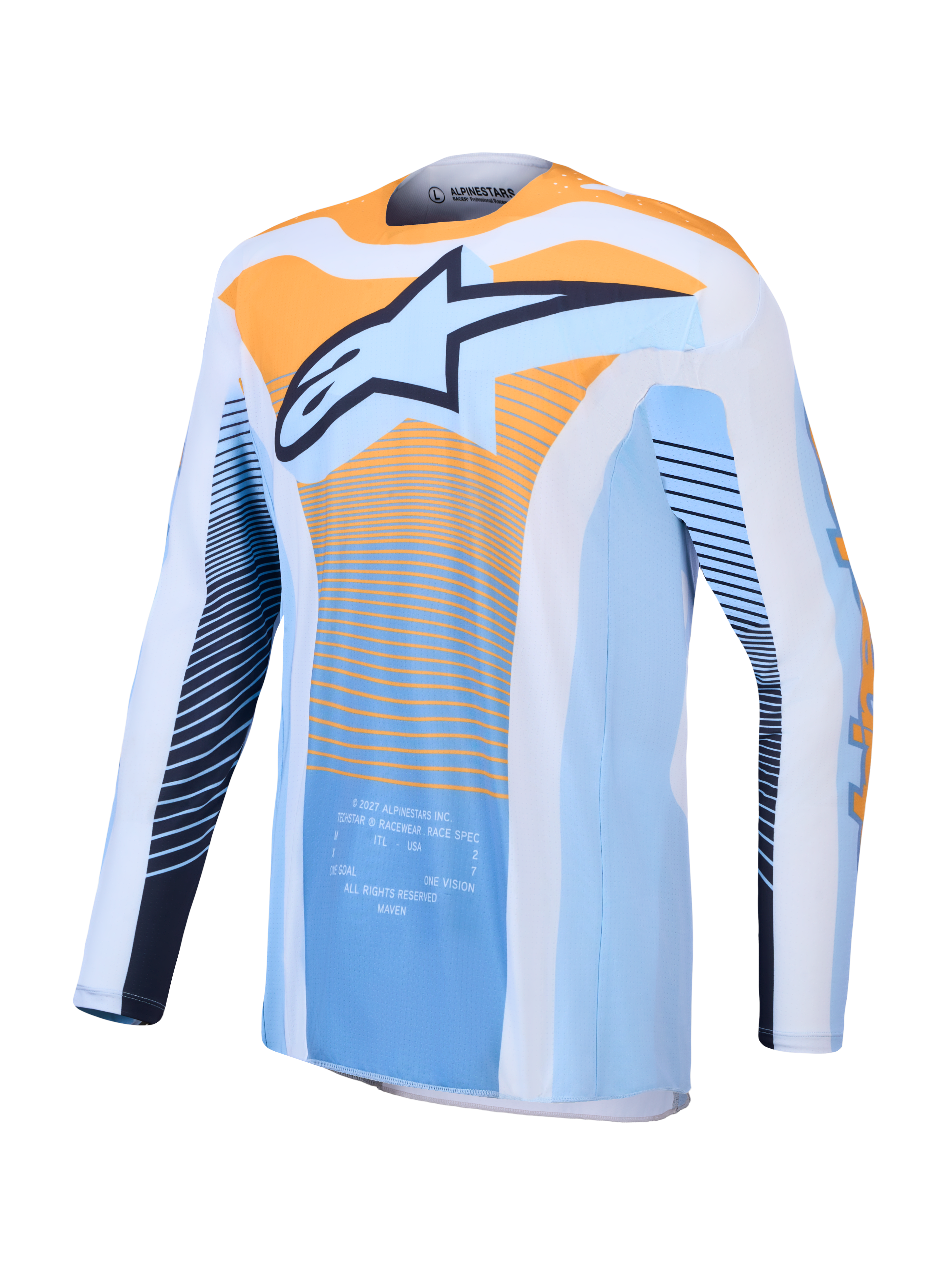 Alpinestars Techstar Maven Trikot, Motocross-Renntrikot in Staubblau und Tangerine mit athletischer Passform.