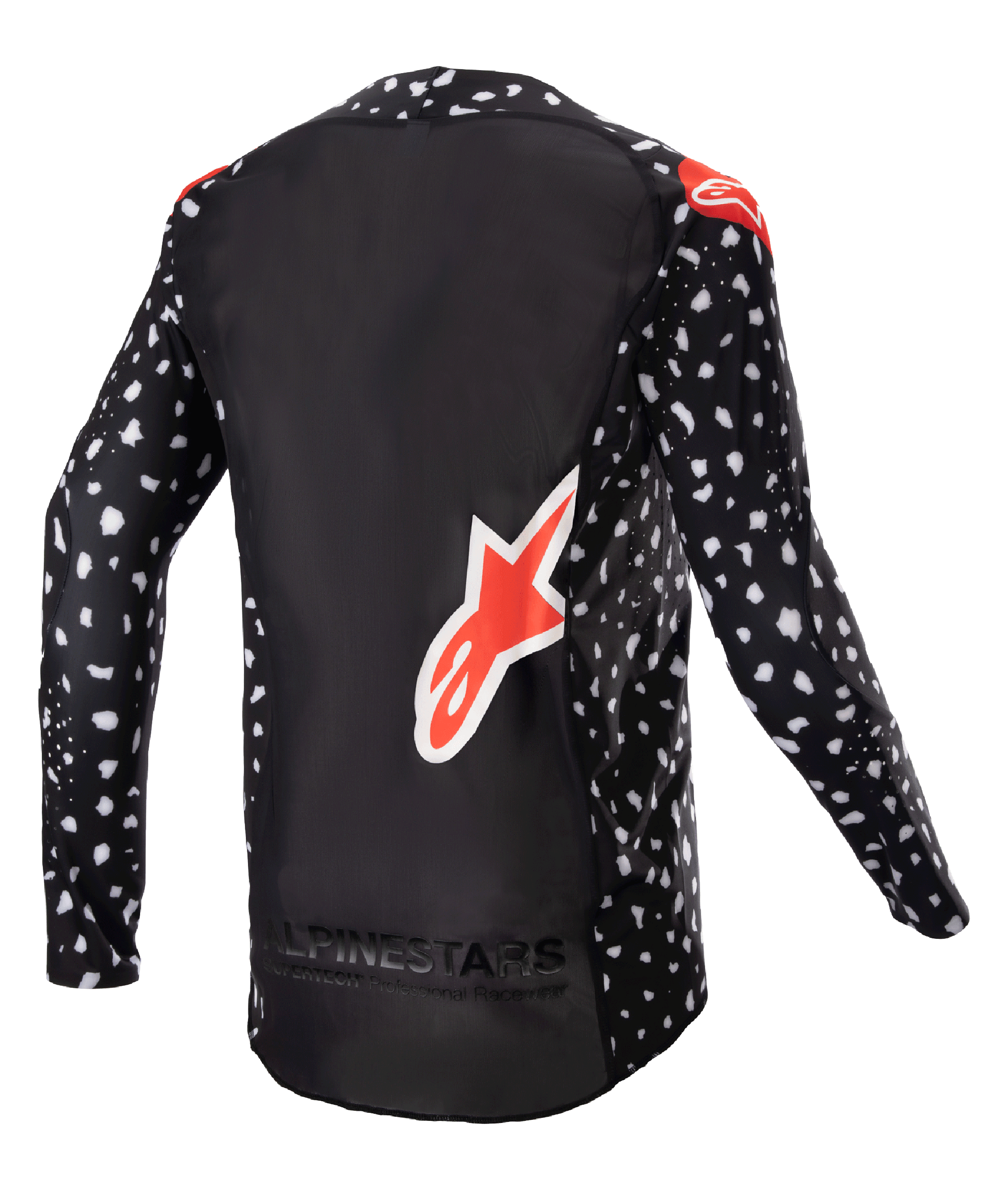 Alpinestars 2023 Supertech North Jersey, Motocross-Trikot, Schwarz mit weißem Sprenkelmuster und neonroten Akzenten, Rückansicht mit großem rotem Alpinestars-Logo und Branding am unteren Saum, professionelle Offroad-Rennausrüstung.