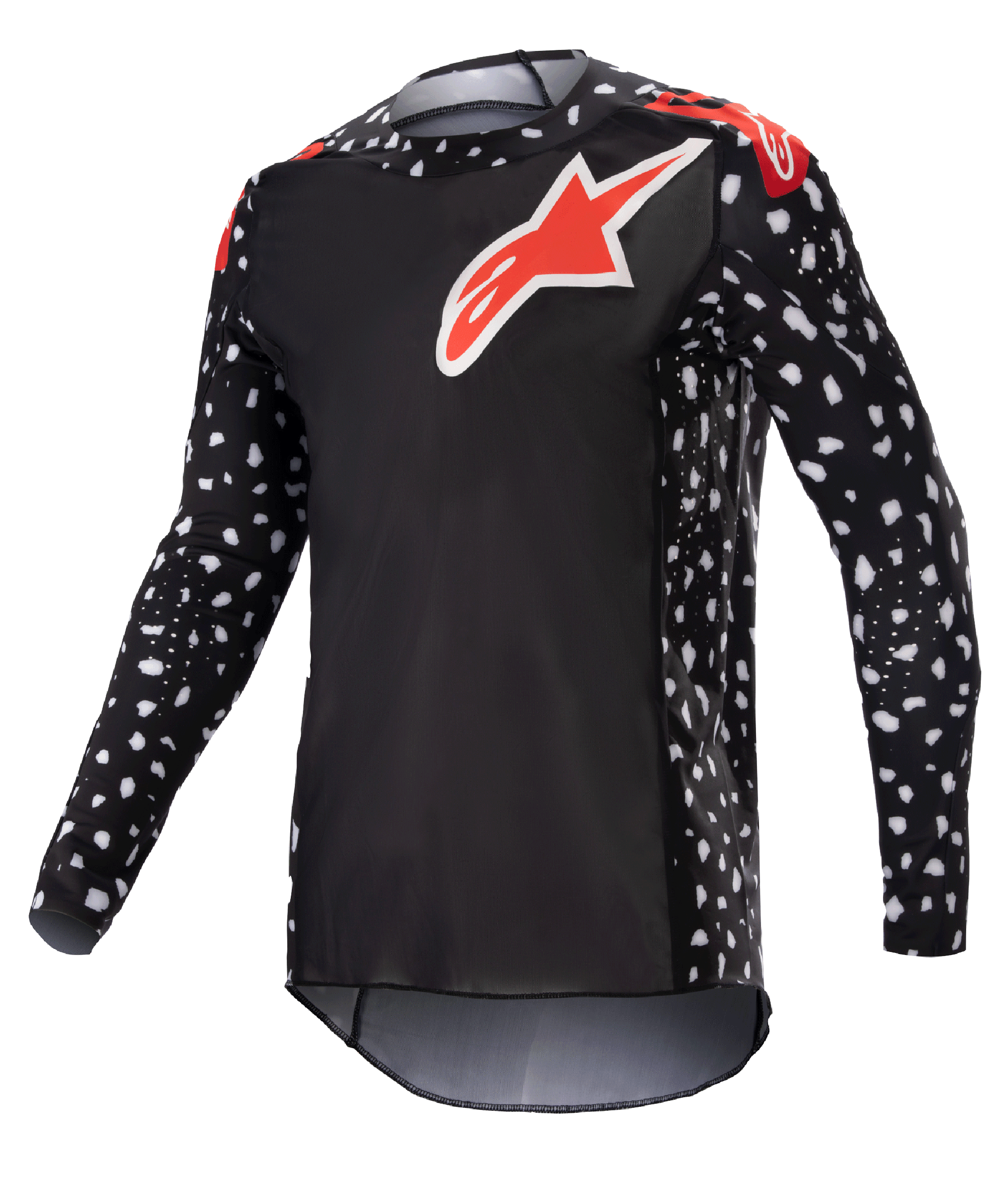 Alpinestars 2023 Supertech North Jersey, Motocross-Jersey, Schwarz und Neonrot, lange Ärmel mit weißem Sprenkelmuster, rot-weiße Stern-Logos auf Brust und Schultern, leichtes Performance-Mesh mit athletischer Rennpassform