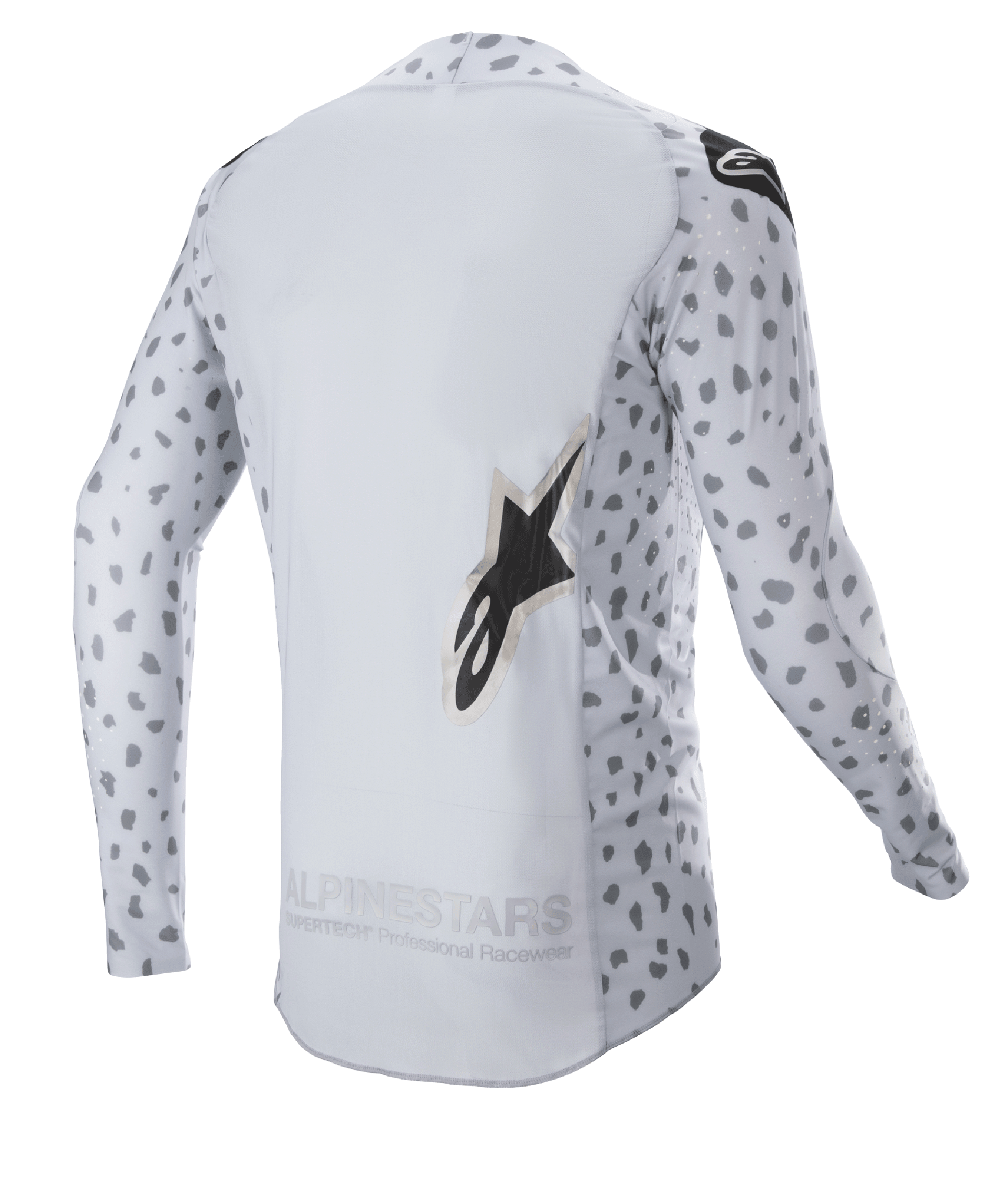 Alpinestars 2023 Supertech North Jersey, Motocross-Trikot, Haze Gray und Schwarz, Rückansicht mit abstraktem Punktmuster an Ärmeln und Seiten, großem Stern-Logo, verlängertem Rückenteil und atmungsaktiver Performance-Konstruktion