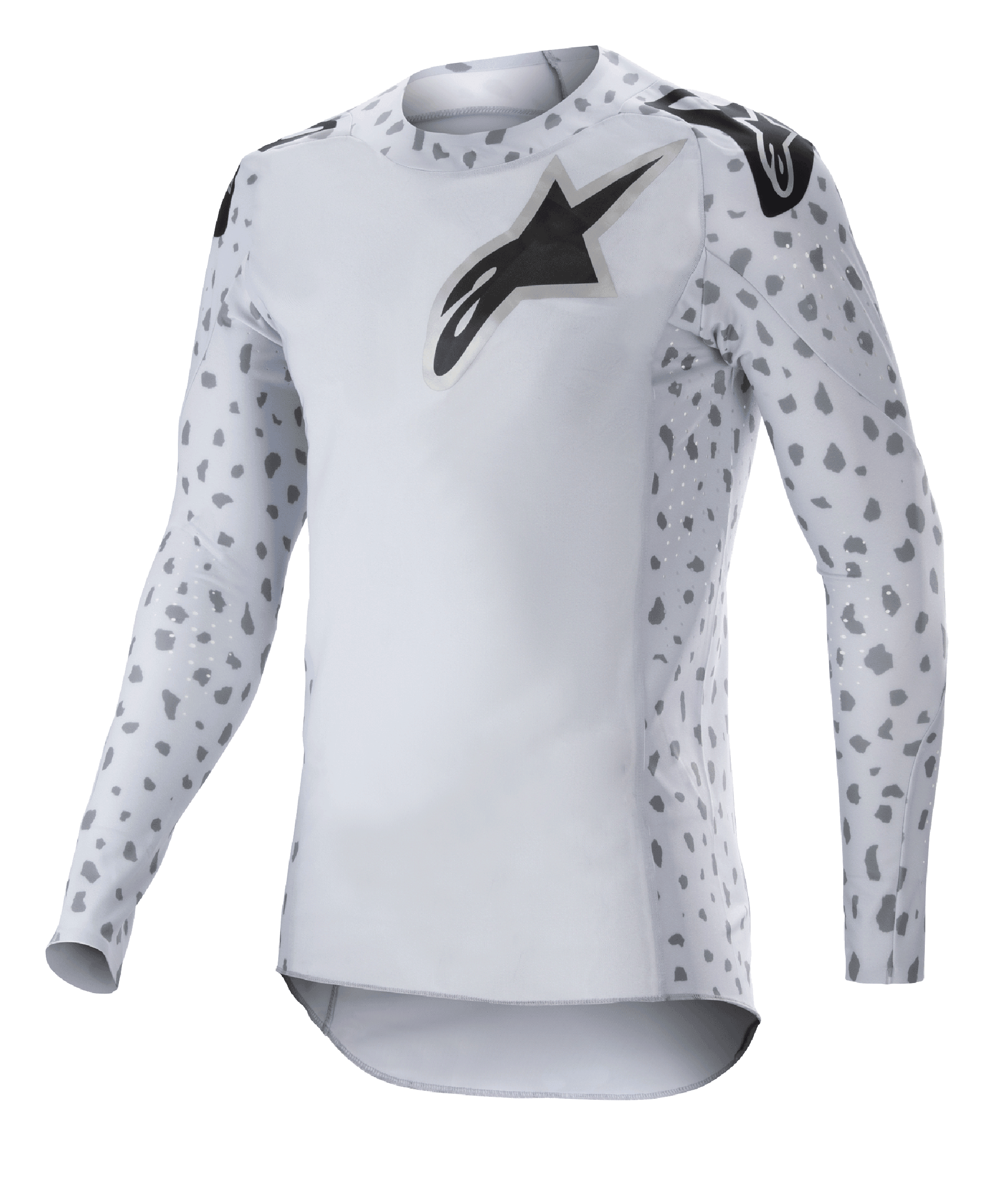 Alpinestars 2023 Supertech North Jersey, Motocross-Jersey, Haze-Grau und Schwarz, weißes Langarm-Jersey mit grauem Fleckenmuster an den Ärmeln und Seiten, schwarzes Stern-Logo auf der Brust und den Schultern, Performance-Stretch-Mesh mit abgerundetem Saum