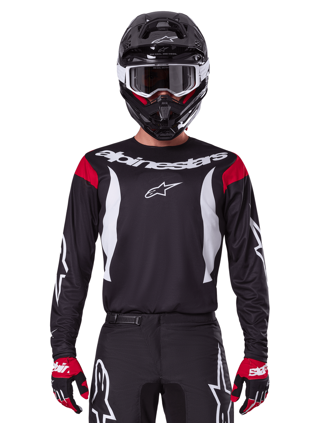 Alpinestars 2025 Fluid Haul Trikot und Bekleidungsset für Herren, schwarz-weißes Motocross-Outfit mit roten Akzenten.