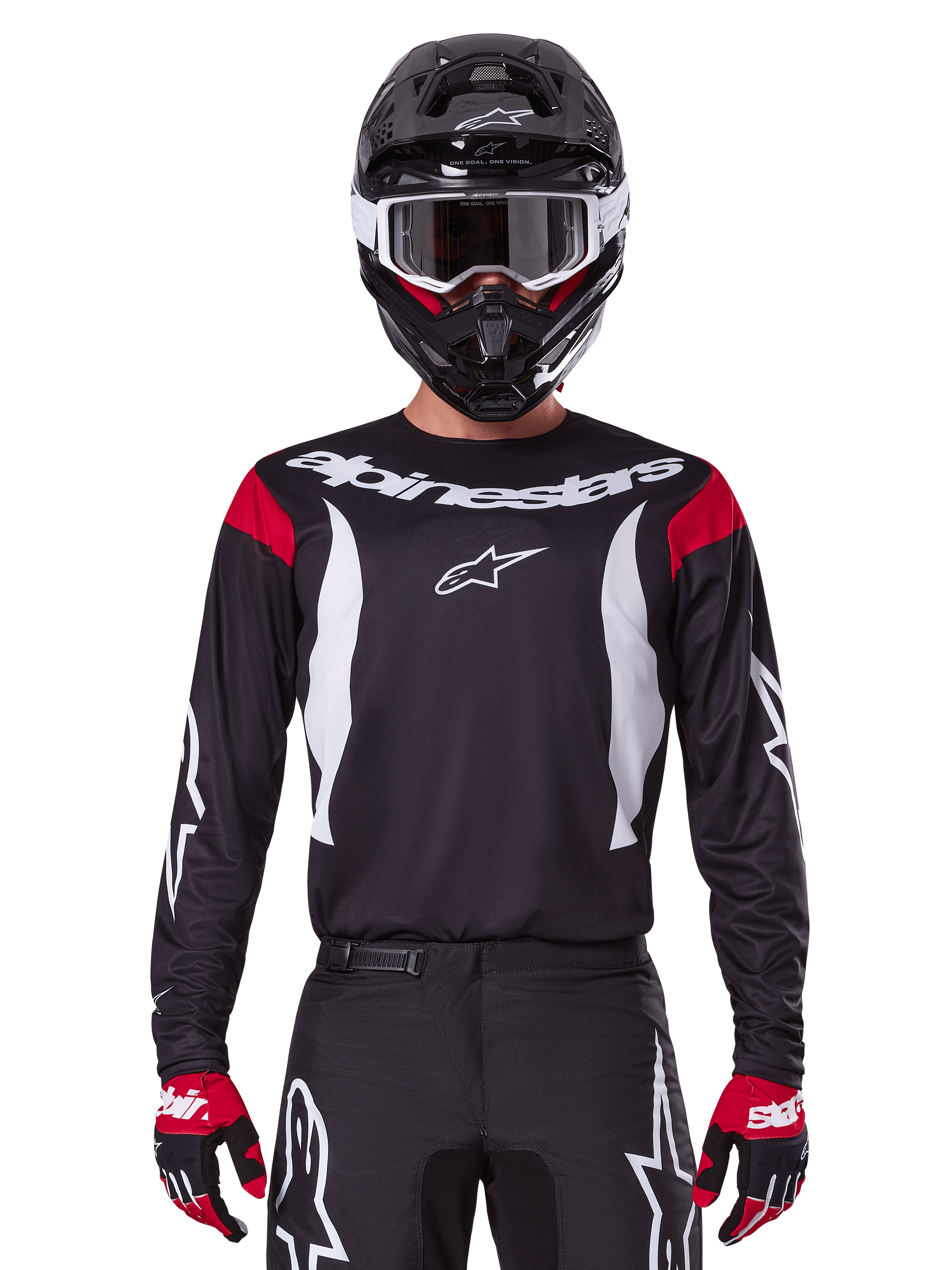 Alpinestars 2025 Fluid Haul Trikot und Bekleidungsset für Herren, schwarz-weißes Motocross-Outfit mit roten Akzenten.