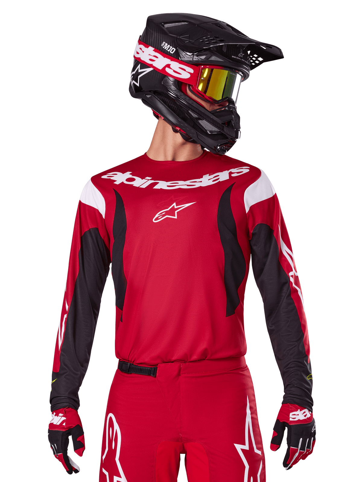 Alpinestars 2025 Fluid Haul Trikot und Bekleidungsset, Motocross-Rennbekleidung für Herren, Hellrot und Schwarz, sportlicher Schnitt mit weißem Logo.