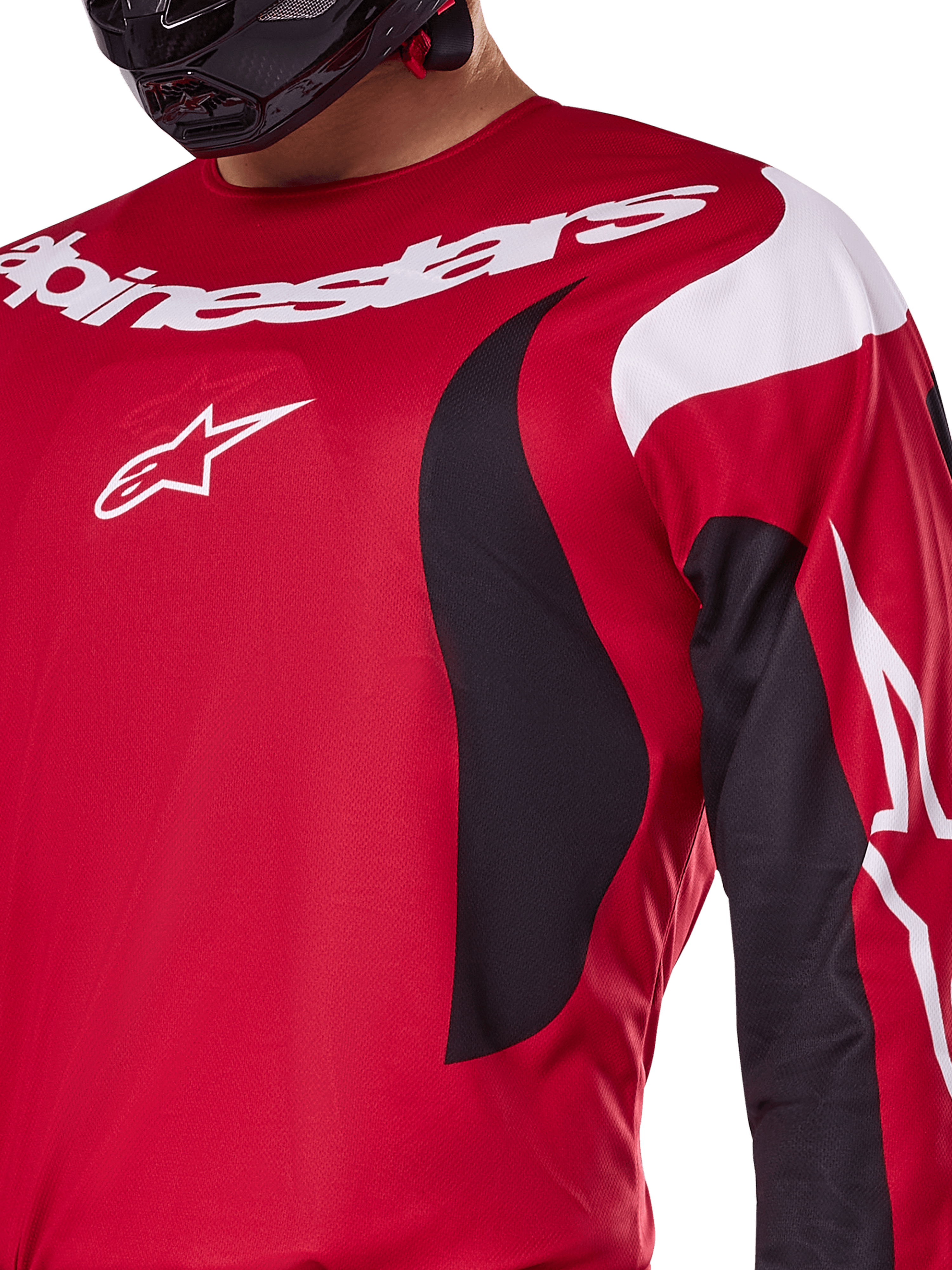 Alpinestars 2025 Fluid Haul Jersey, Bright Red and Black, close-up view of the chest and arm featuring white Alpinestars branding and logo, athletic ergonomic design with black and white swooping accents for motocross performance.
