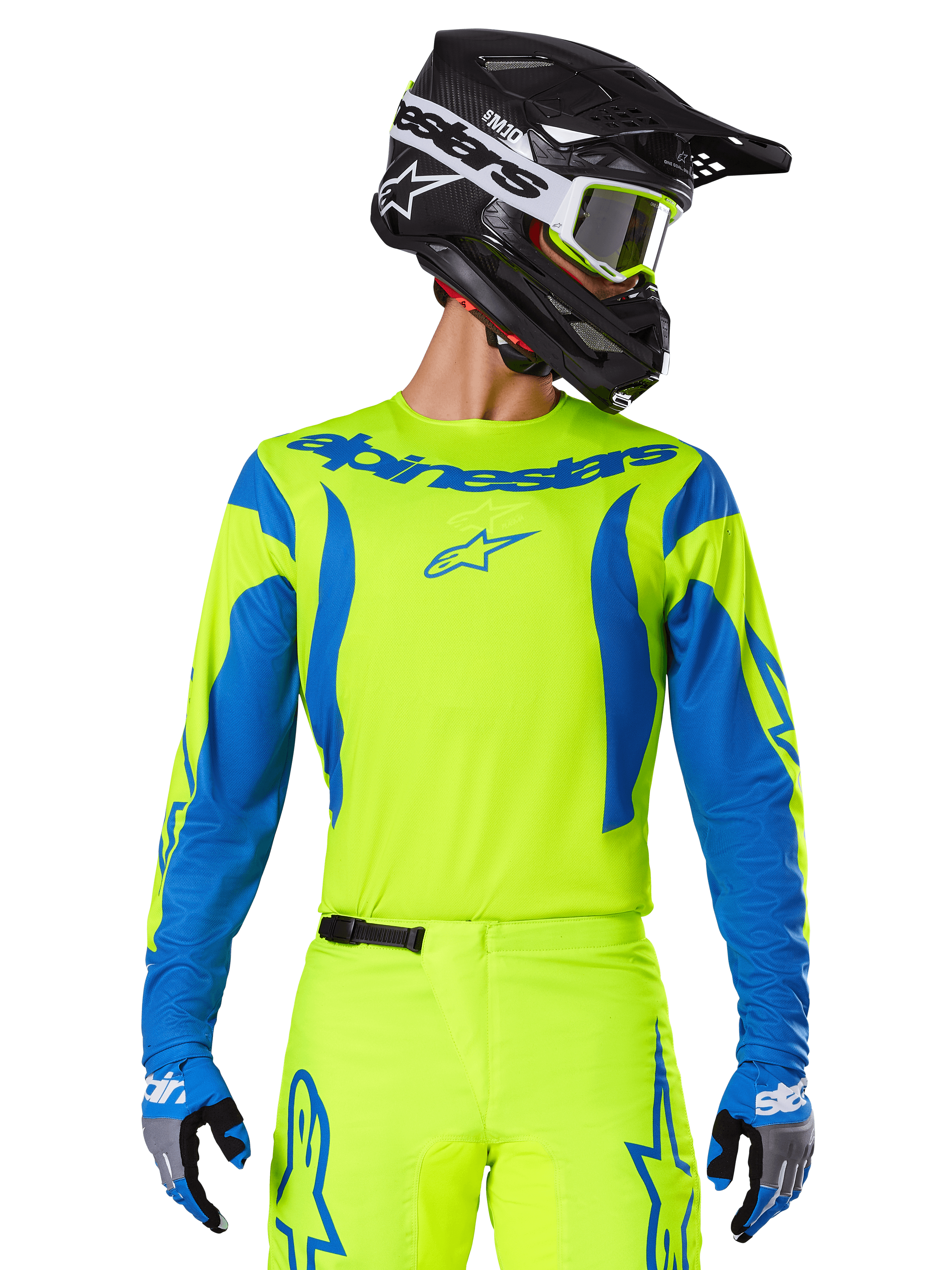 Alpinestars 2025 Fluid Haul Jersey, Motocross Jersey, Neon Yellow and Blue, featuring blue Alpinestars branding on the chest, worn with matching gear including a black helmet and blue gloves, athletic fit for off-road riding
