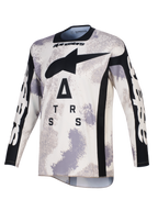 Alpinestars 2026 Racer Lahnd Trikot, Motocross-Trikot, Sand Camo Grau und Weiß, mit großem schwarzem A-Star-Logo und stilisierter Beschriftung auf der Brust, schwarzer Rundhalsausschnitt und seitliche Einsätze, lange Ärmel mit weißem Branding, professionelle Offroad-Rennbekleidung.