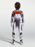 Alpinestars Techstar Swan Gear Set, gray and red fluo motocross racing jersey and pants for performance riding.