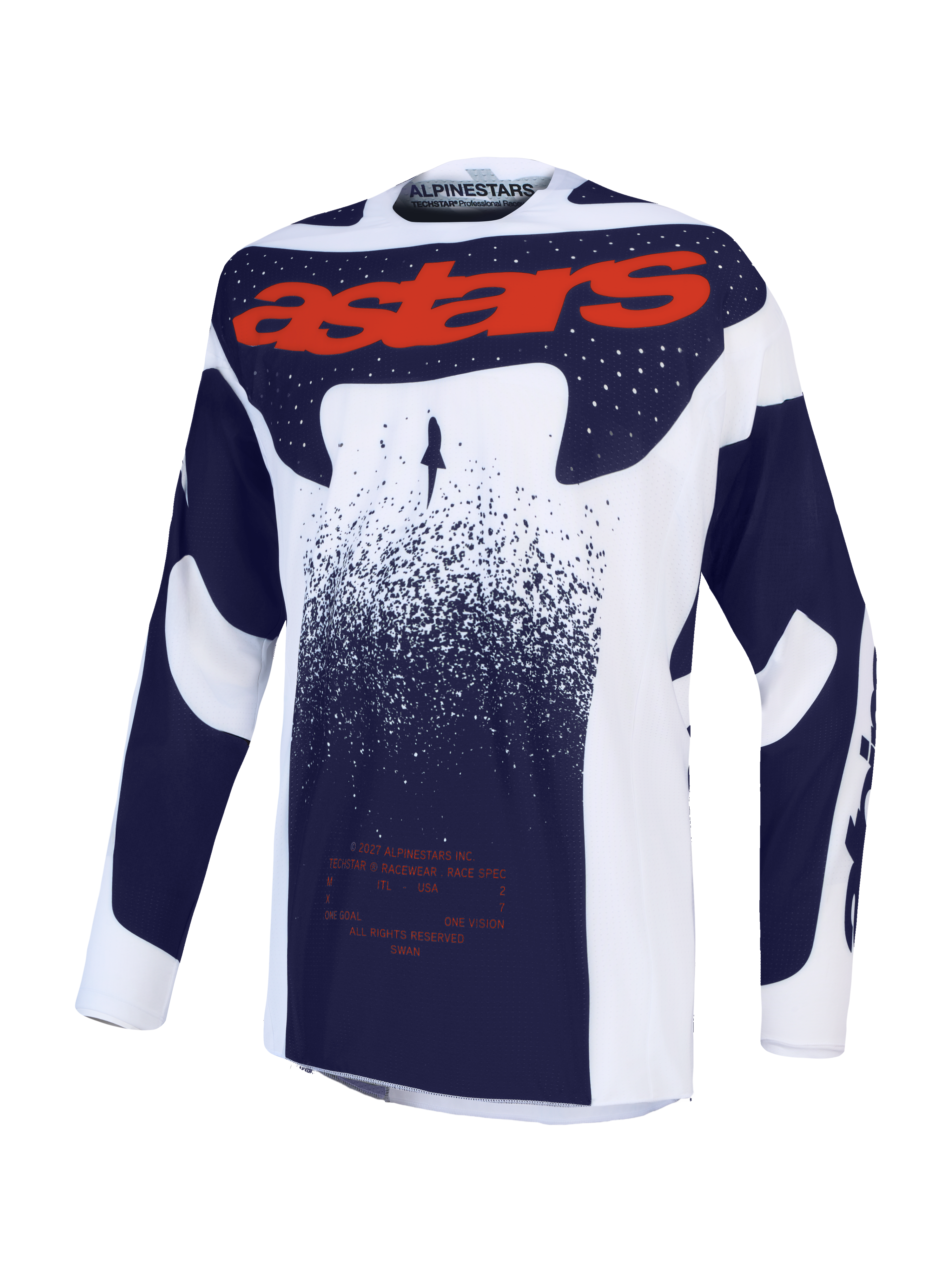 Alpinestars Techstar Swan Trikot, Motocross-Oberteil in Helllila, Dunkelgrau und Red Fluo, athletische Rennpassform.
