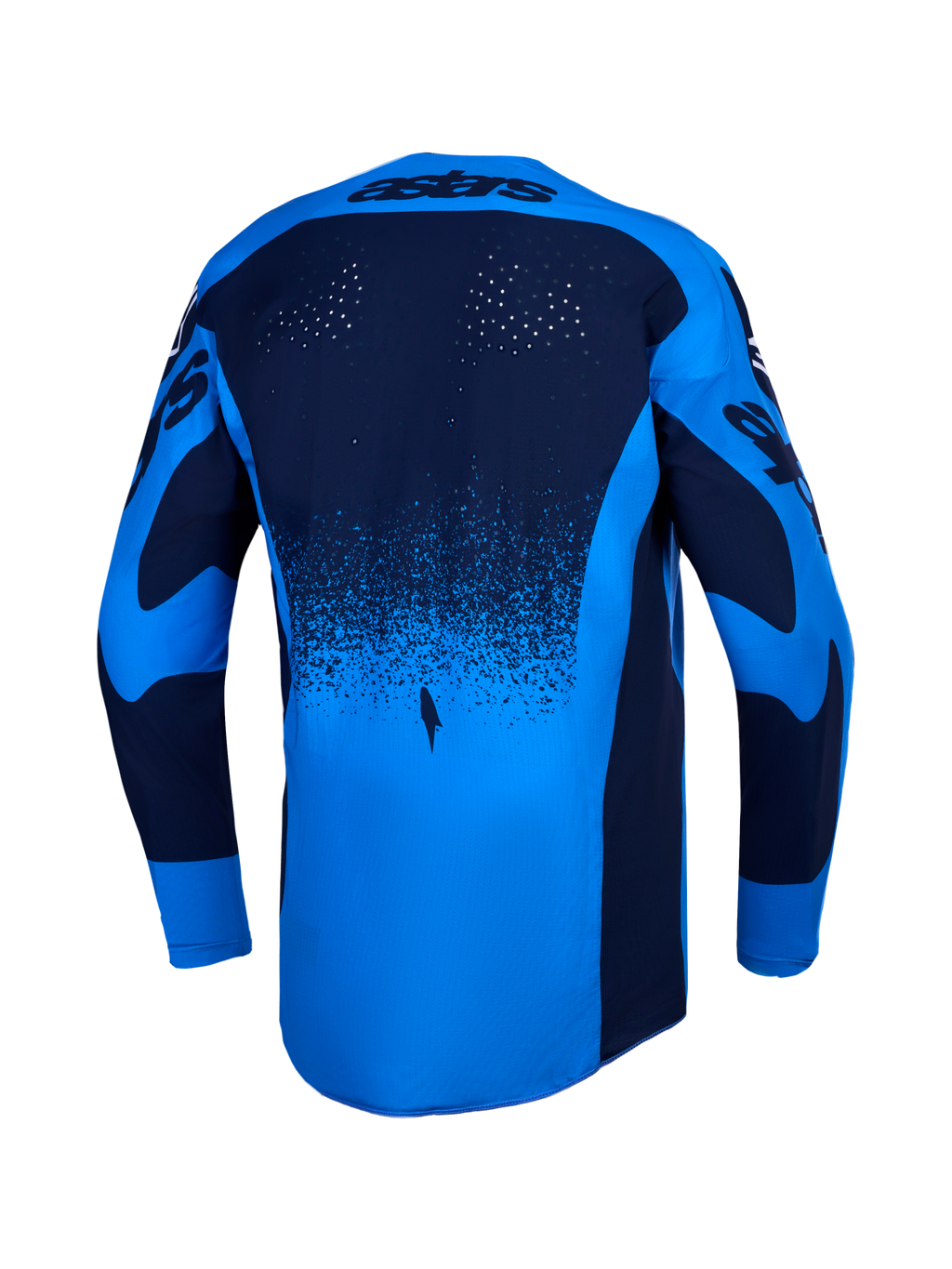 Alpinestars Techstar Swan Trikot, Motocross-Renntrikot für Herren, Blau und Dunkelblau, Rückansicht mit Laserperforationen und verlängertem Rückenteil.