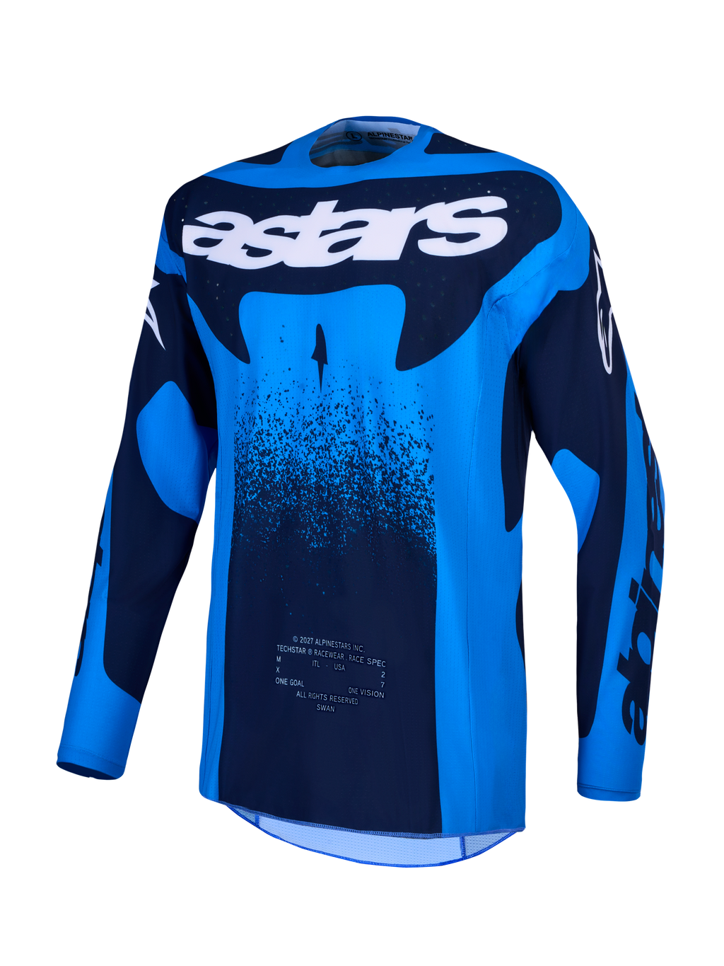 Alpinestars Techstar Swan Trikot, Motocross-Oberteil in Blau und Dunkelblau, feuchtigkeitsableitend, lasergeschnittene Belüftung