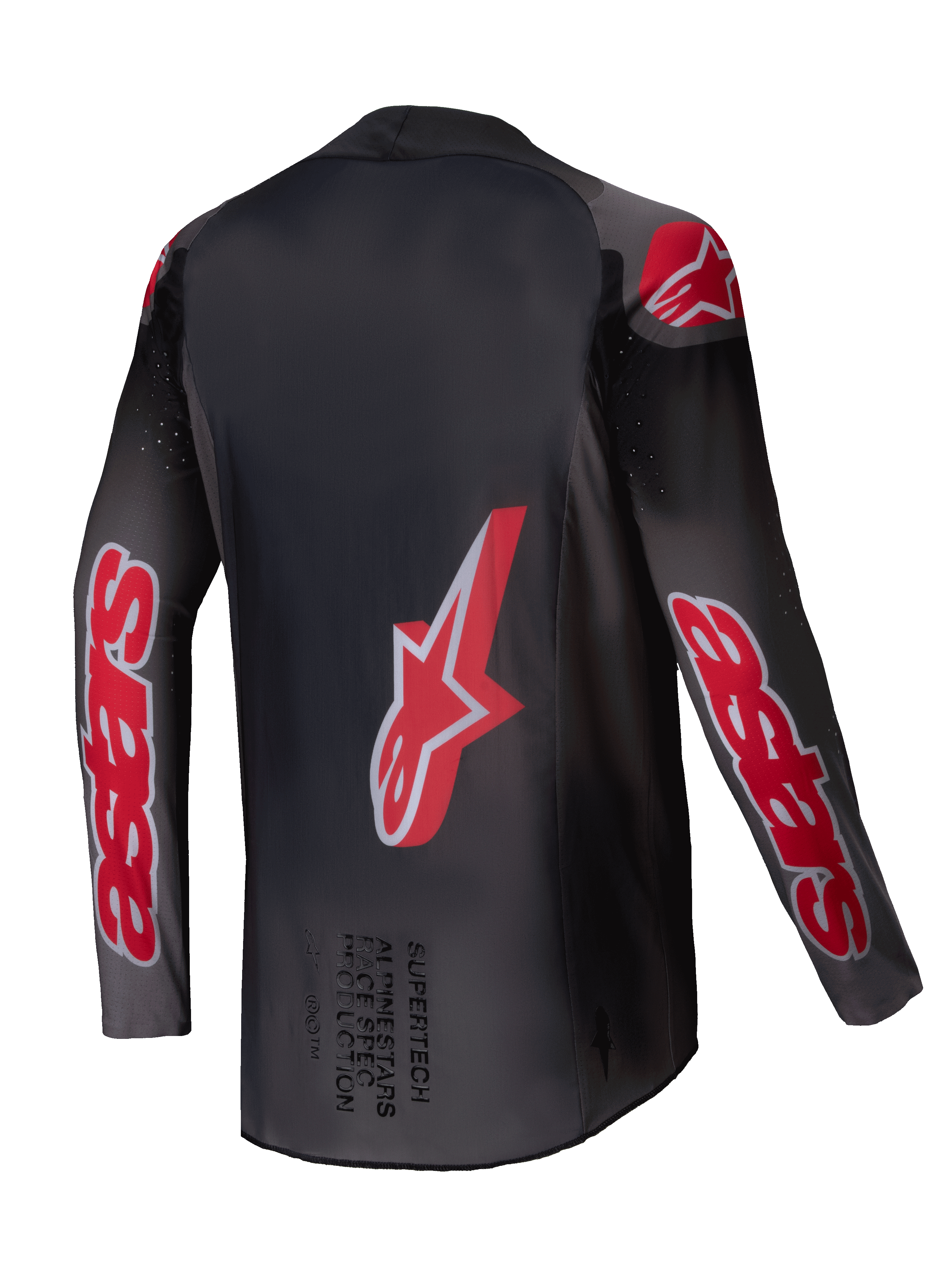 Alpinestars 2025 Supertech Lipan Trikot, Motocross-Offroad-Trikot in Rauchgrau und Hellrot, leichtes Stretch-Mesh mit perforierter Belüftung, Rückansicht
