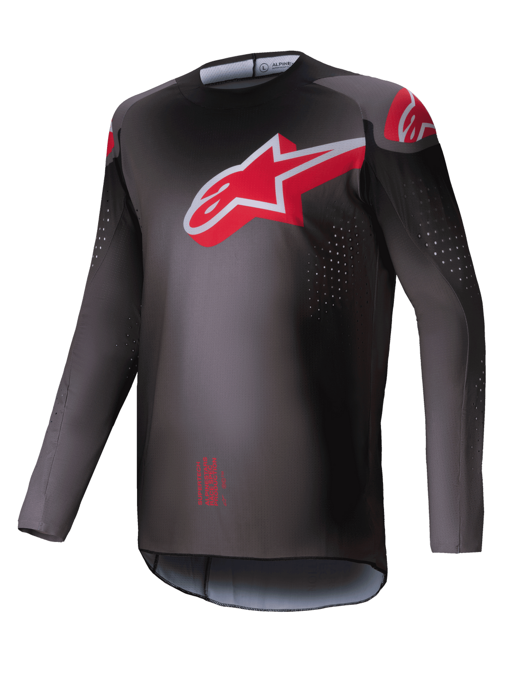 Alpinestars 2025 Supertech Lipan Trikot, Motocross-Trikot für Herren, Rauchergrau und Hellrot, leichtes Stretch-Mesh mit lasergeschnittenen Perforationen