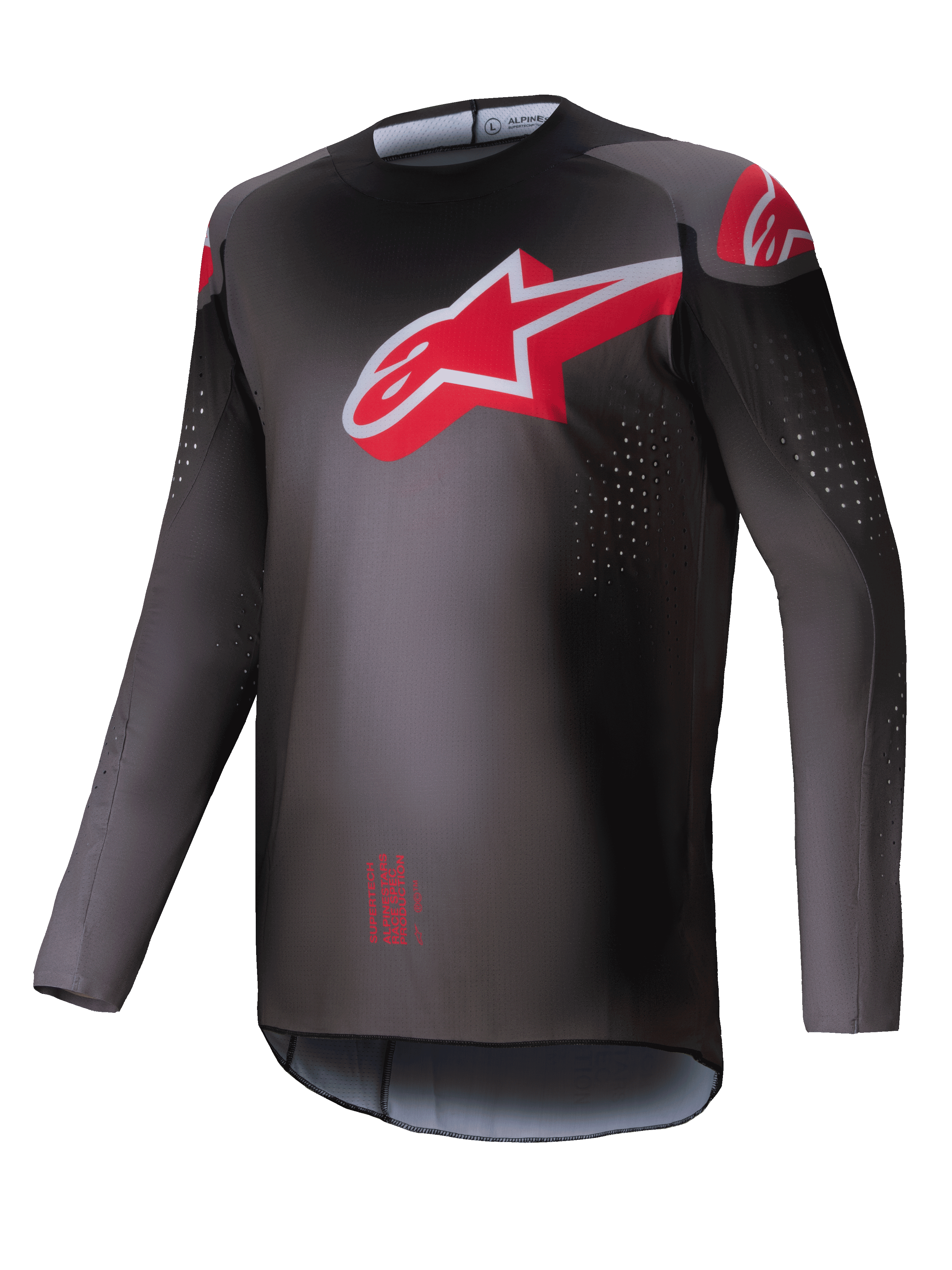 Alpinestars 2025 Supertech Lipan Trikot, Motocross-Trikot für Herren, Rauchergrau und Hellrot, leichtes Stretch-Mesh mit lasergeschnittenen Perforationen