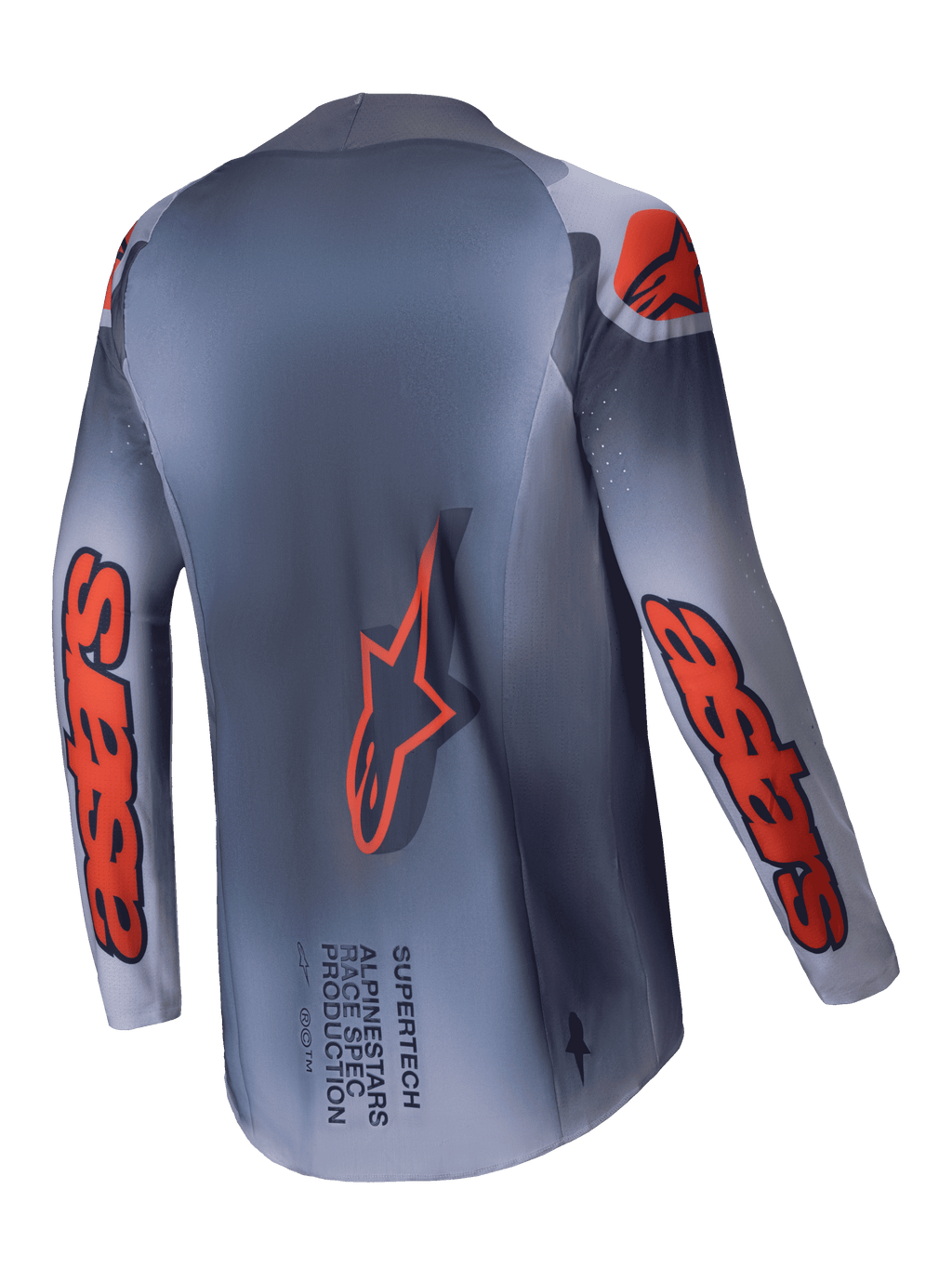 Alpinestars 2025 Supertech Lipan Trikot, Motocross-Trikot für Herren, Grau und Orange Fluo, leichte Stretch-Mesh-Konstruktion, Rückansicht mit verlängerter Rückenpartie und Branding-Details