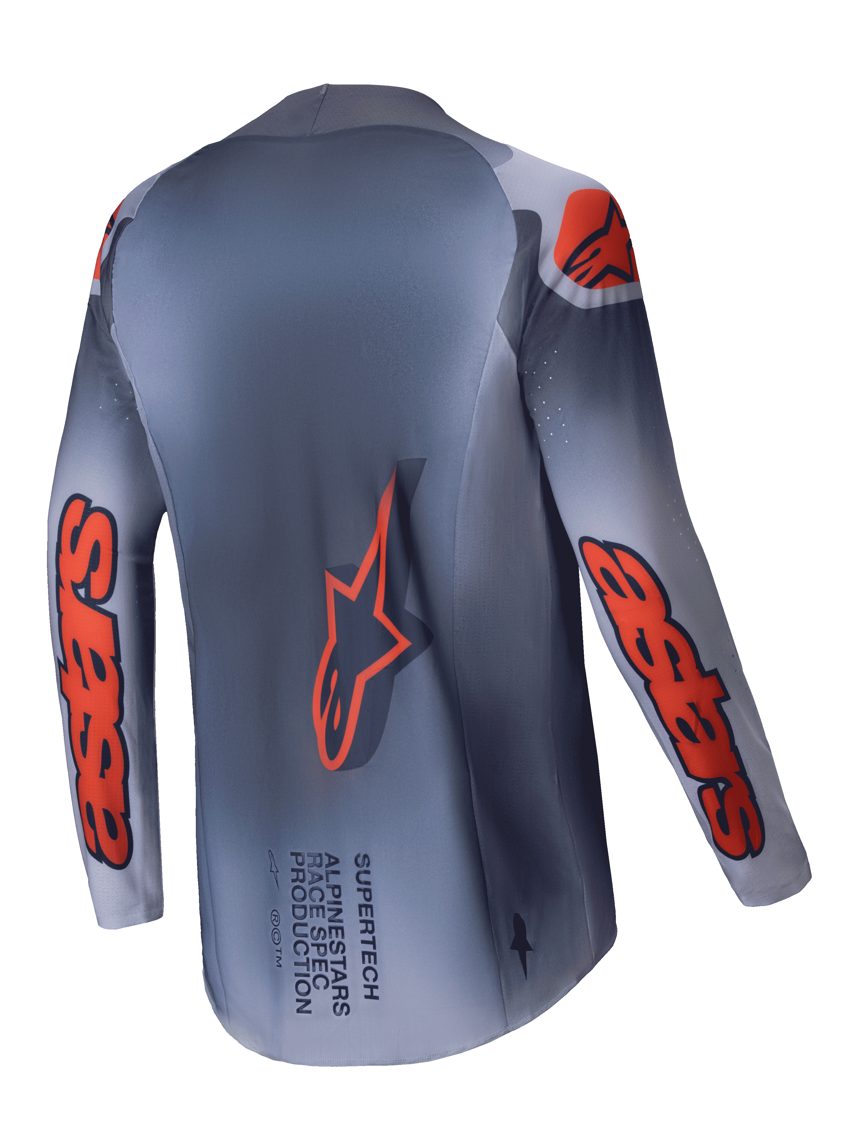 Alpinestars 2025 Supertech Lipan Trikot, Motocross-Trikot für Herren, Grau und Orange Fluo, leichte Stretch-Mesh-Konstruktion, Rückansicht mit verlängerter Rückenpartie und Branding-Details