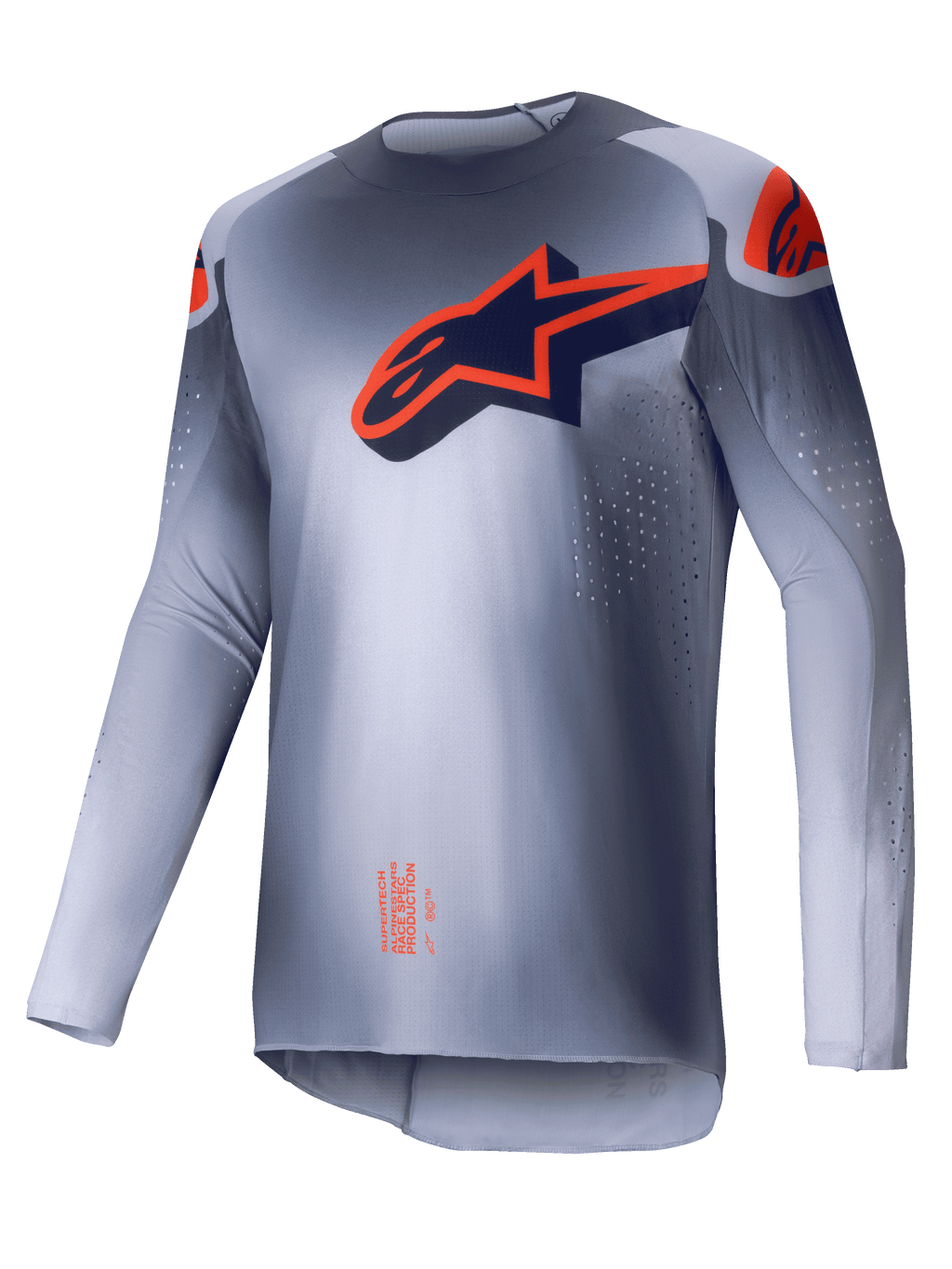Alpinestars 2025 Supertech Lipan Trikot, Motocross-Trikot für Herren, Grau und Orange Fluo, ultraleichte athletische Rennpassform mit lasergeschnittenen Belüftungsperforationen