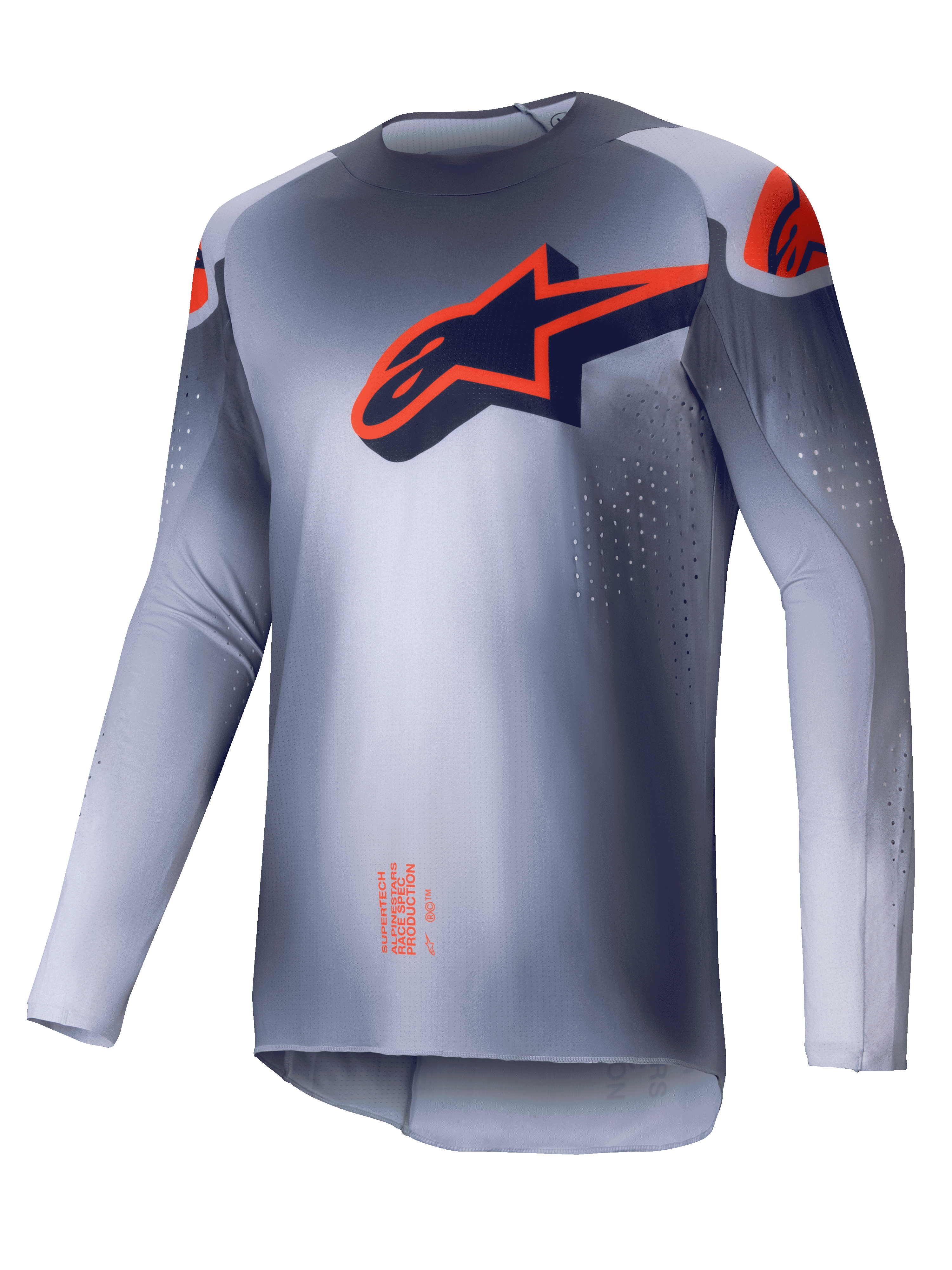 Alpinestars 2025 Supertech Lipan Trikot, Motocross-Trikot für Herren, Grau und Orange Fluo, ultraleichte athletische Rennpassform mit lasergeschnittenen Belüftungsperforationen