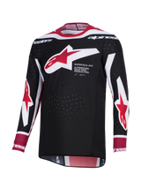 Alpinestars 2026 Supertech AFD Vista Jersey, Motocross Jersey, Black Red and White, featuring a large red and white Alpinestars star logo on the chest with 'Supertech AFD' text, perforated mesh fabric for ventilation, and an athletic racing fit.
