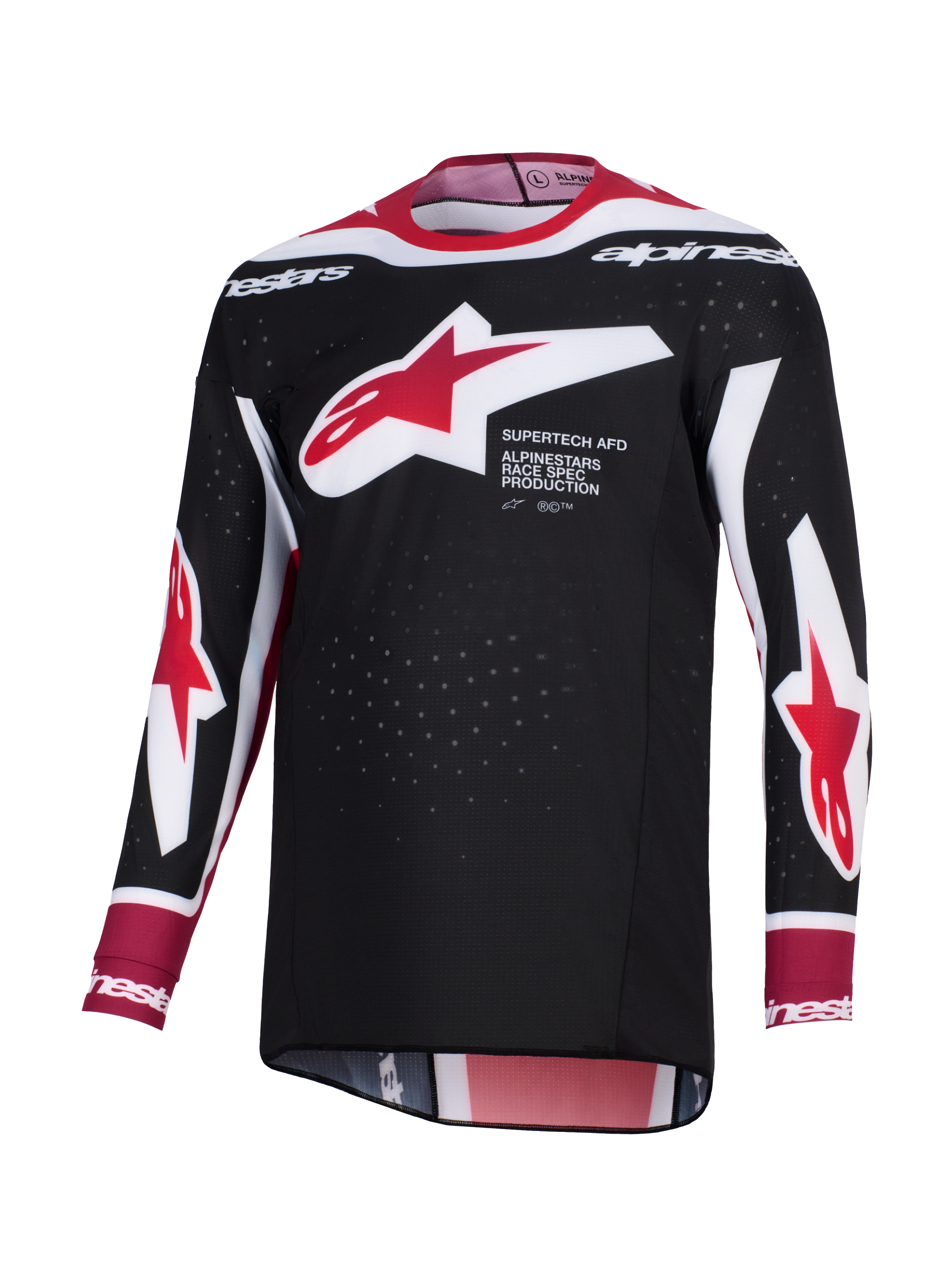 Alpinestars 2026 Supertech AFD Vista Jersey, Motocross Jersey, Black Red and White, featuring a large red and white Alpinestars star logo on the chest with 'Supertech AFD' text, perforated mesh fabric for ventilation, and an athletic racing fit.