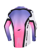 Alpinestars 2026 Supertech AFD Vista Trikot, Motocross-Trikot, Weiß, Violett und Schwarz mit pinkfarbenem Farbverlauf, Rückansicht mit Supertech AFD Race-Spec-Text und Alpinestars-Branding, professionelle Offroad-Ausrüstung mit athletischer Passform