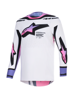 Alpinestars 2026 Supertech AFD Vista Trikot, Motocross-Trikot, Weiß, Lila und Schwarz, weiße Basis mit pink- und lilafarbenen Stern-Logos mit Farbverlauf auf Brust und Ärmeln, schwarze Akzente an Kragen und Bündchen, athletische Passform und perforiertes Mesh-Gewebe für optimale Belüftung