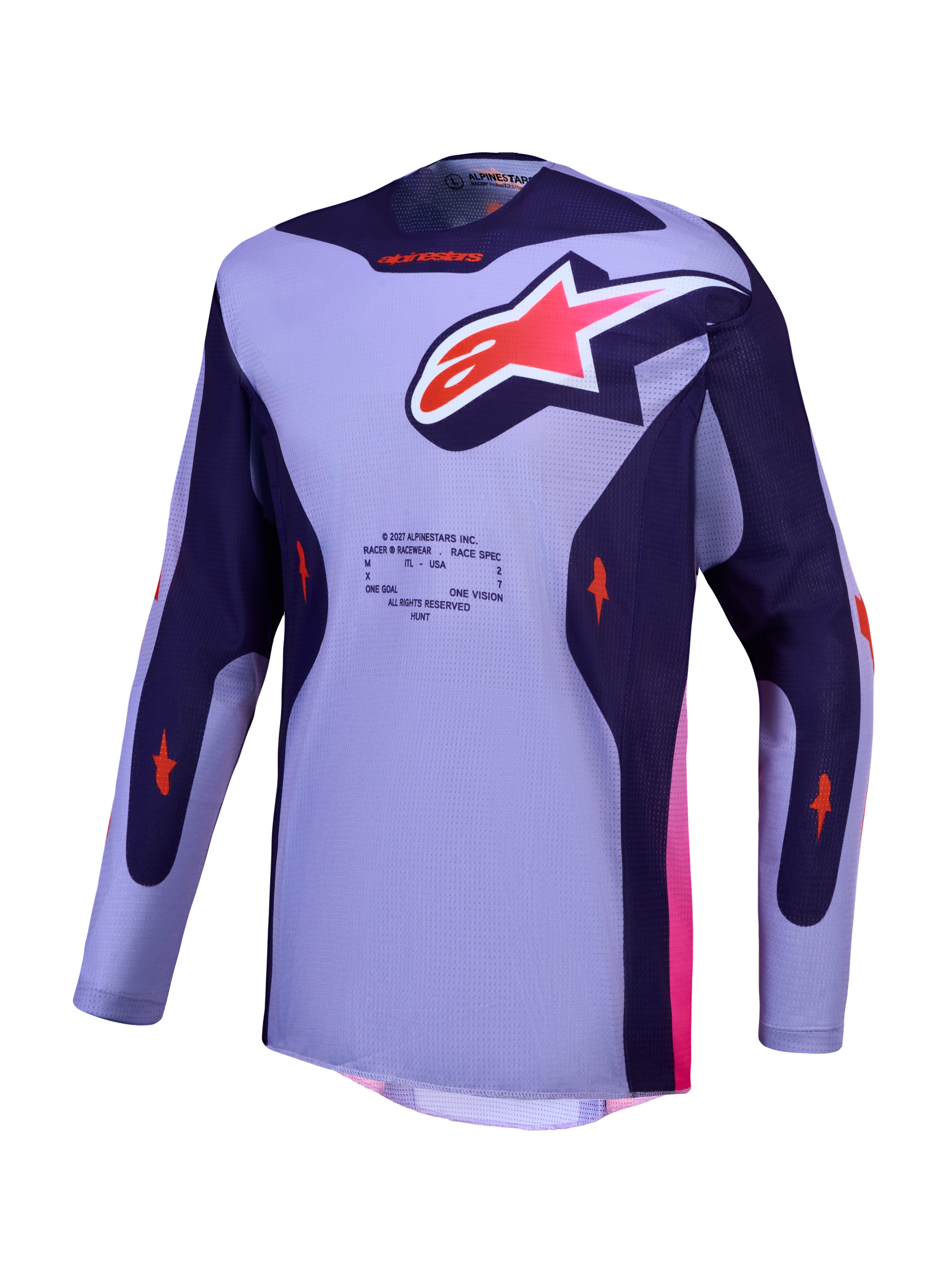Alpinestars Racer Air Hunt Trikot, lila und violettes Motocross-Renntrikot mit atmungsaktivem Mesh und pinken Akzenten.