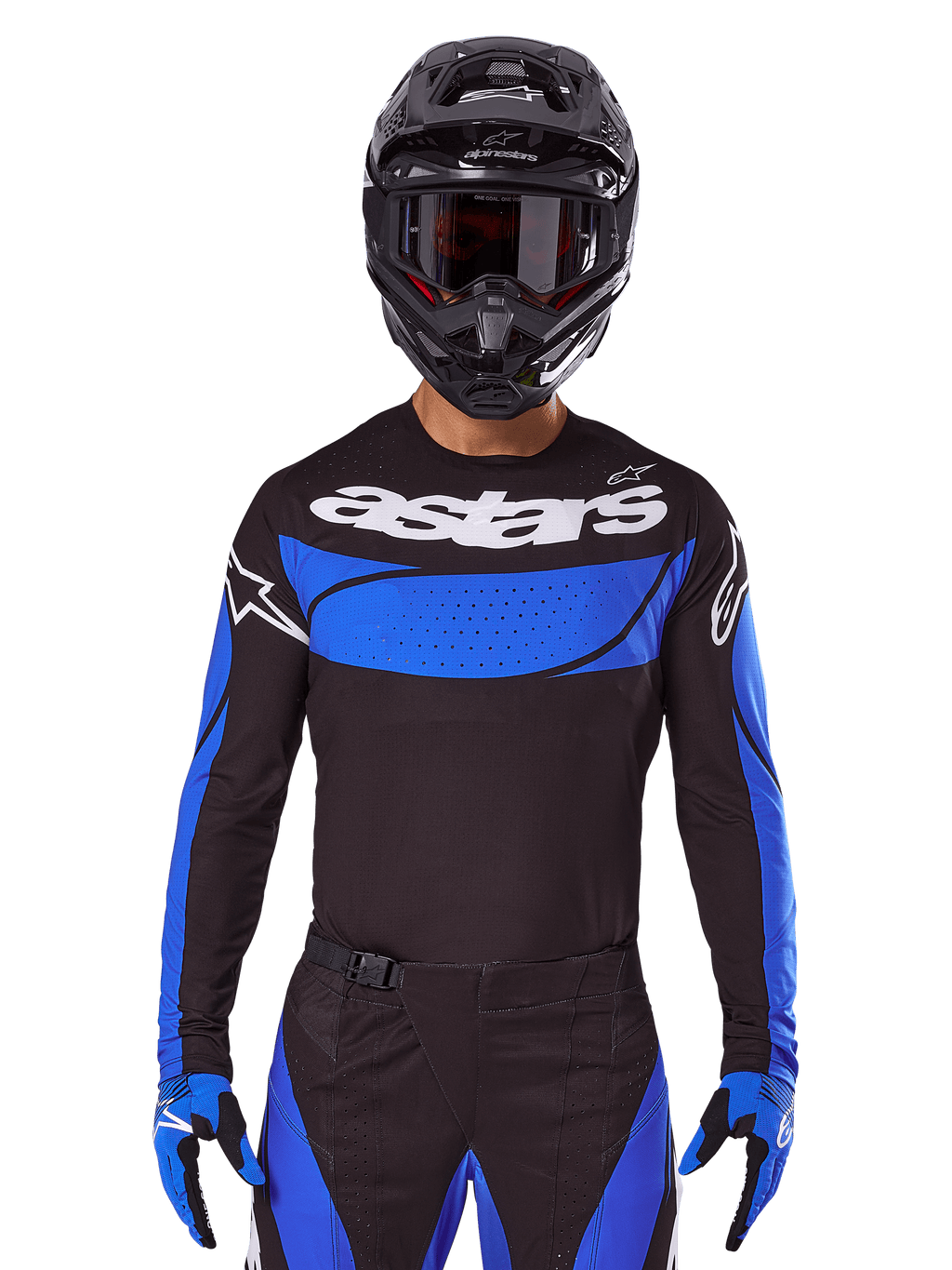 Alpinestars 2025 Techstar Dreem Bekleidungsset und Trikot, Motocross-Outfit, Schwarz und Blau, für Offroad-Rennen.