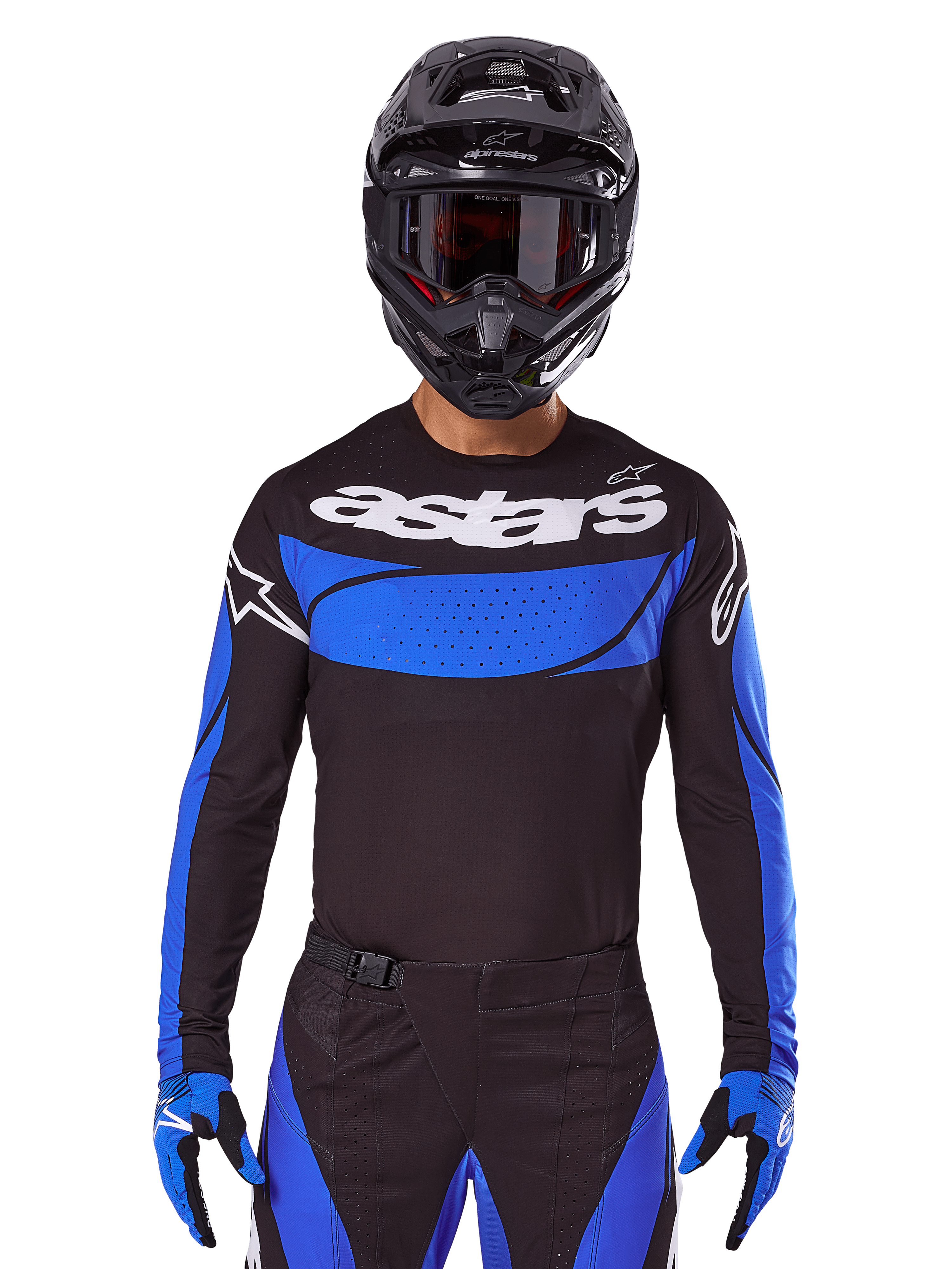 Alpinestars 2025 Techstar Dreem Bekleidungsset und Trikot, Motocross-Outfit, Schwarz und Blau, für Offroad-Rennen.