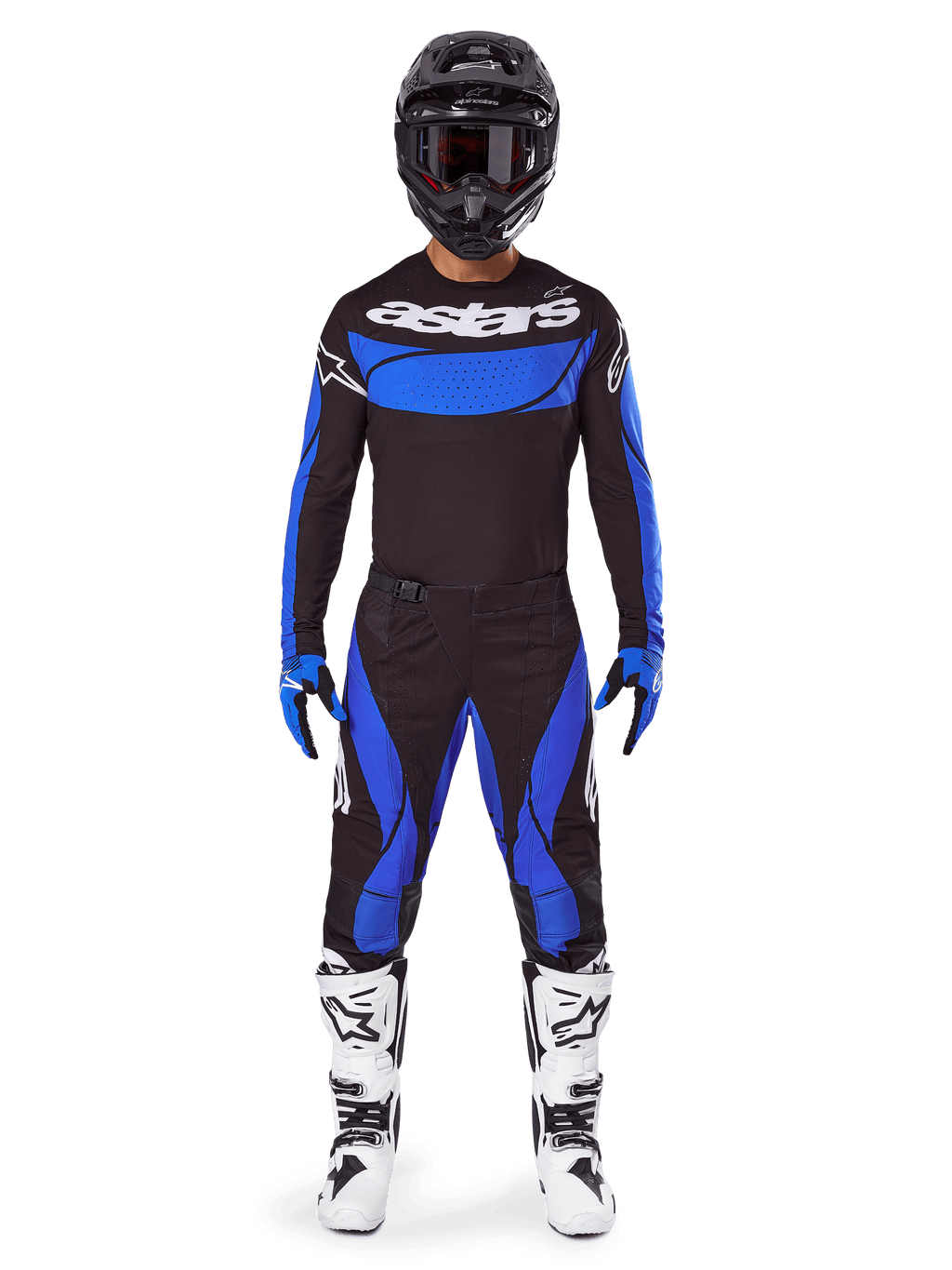 Alpinestars 2025 Techstar Dreem Bekleidungsset, Motocross-Rennoutfit für Herren in Schwarz und Blau mit weißen Stiefeln.